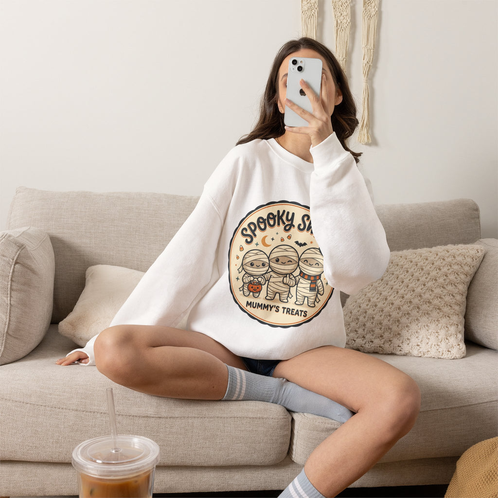 Halloween Sweatshirt — "Spooky Sweet Mummy's Treats" Cute Mummy Candy Crewneck