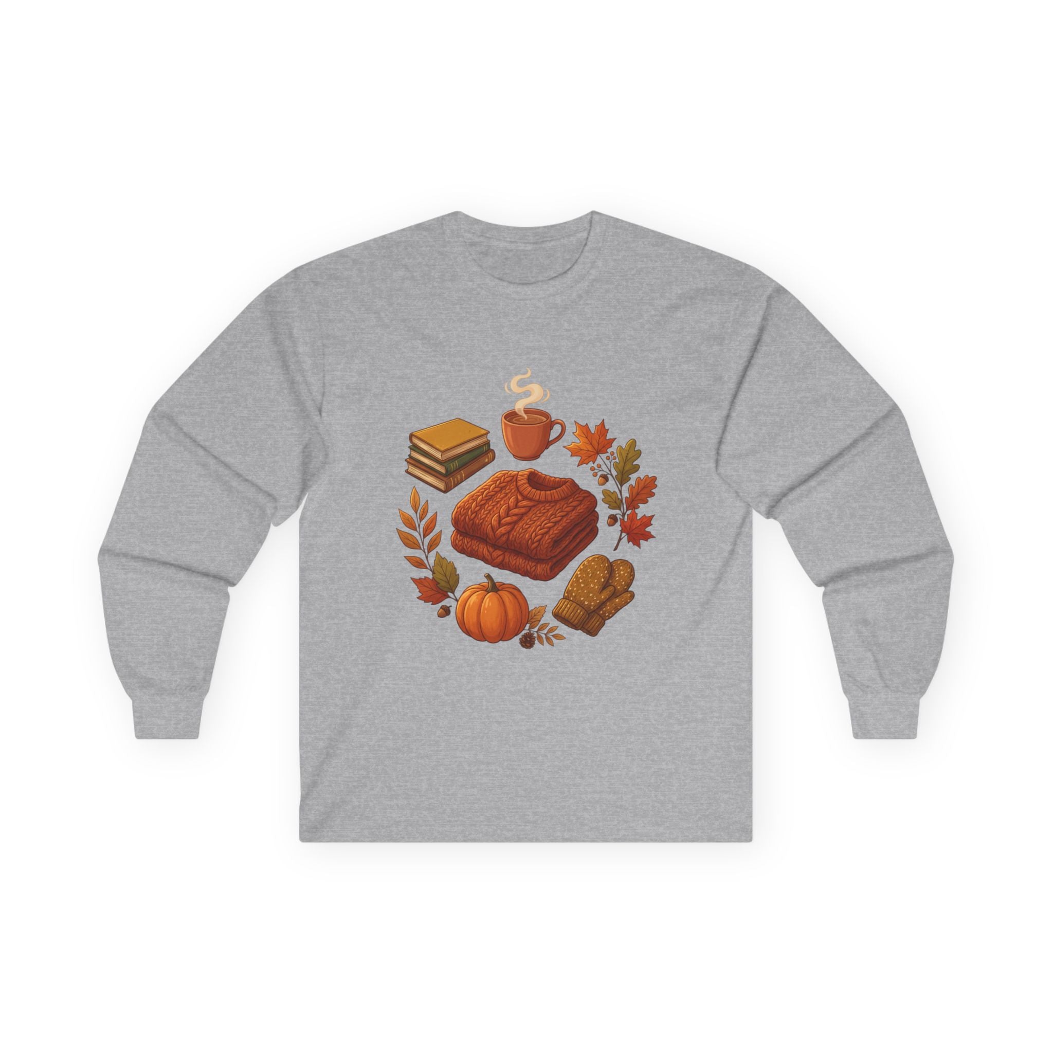 Autumn Cozy Comfort Long Sleeve Tee — Pumpkin, Sweater & Hot Drink Fall Design