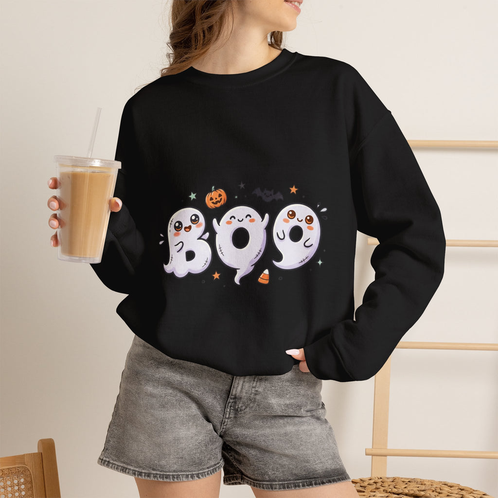 Cute 'BOO' Ghost Halloween Sweatshirt — Cute Spooky Crewneck for Fall