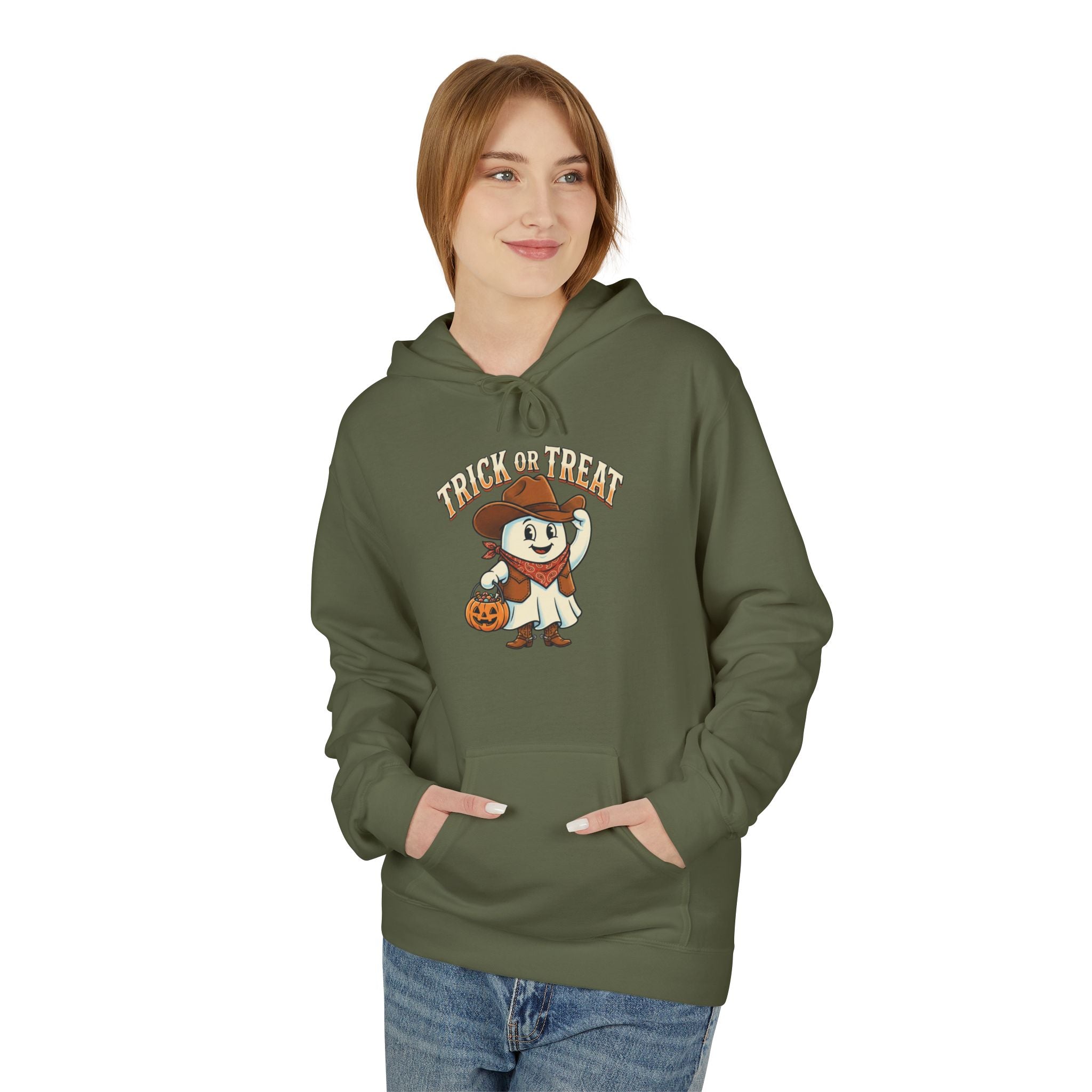 Halloween Trick or Treat Hoodie — Cute Ghost Cowboy Pumpkin Design