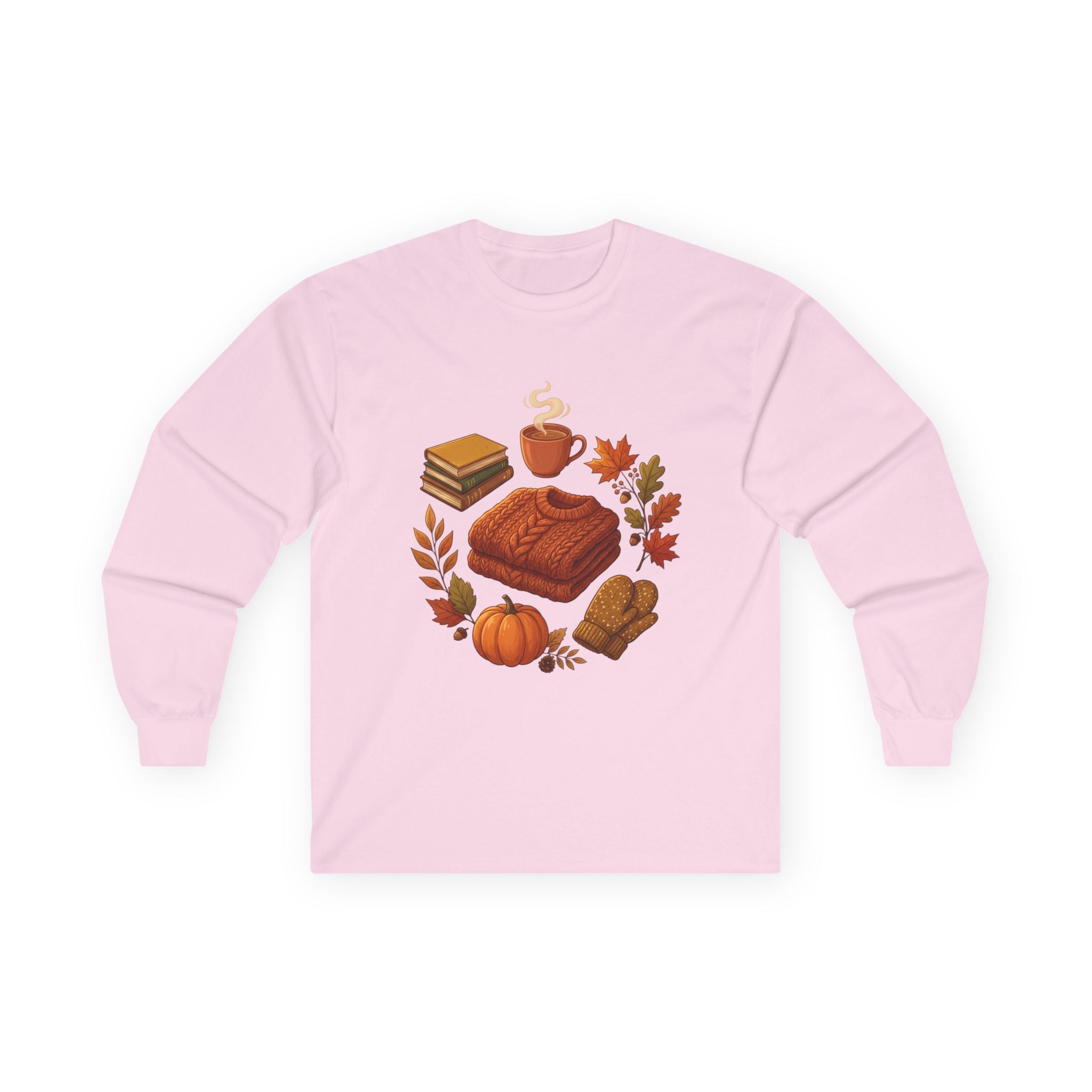 Autumn Cozy Comfort Long Sleeve Tee — Pumpkin, Sweater & Hot Drink Fall Design