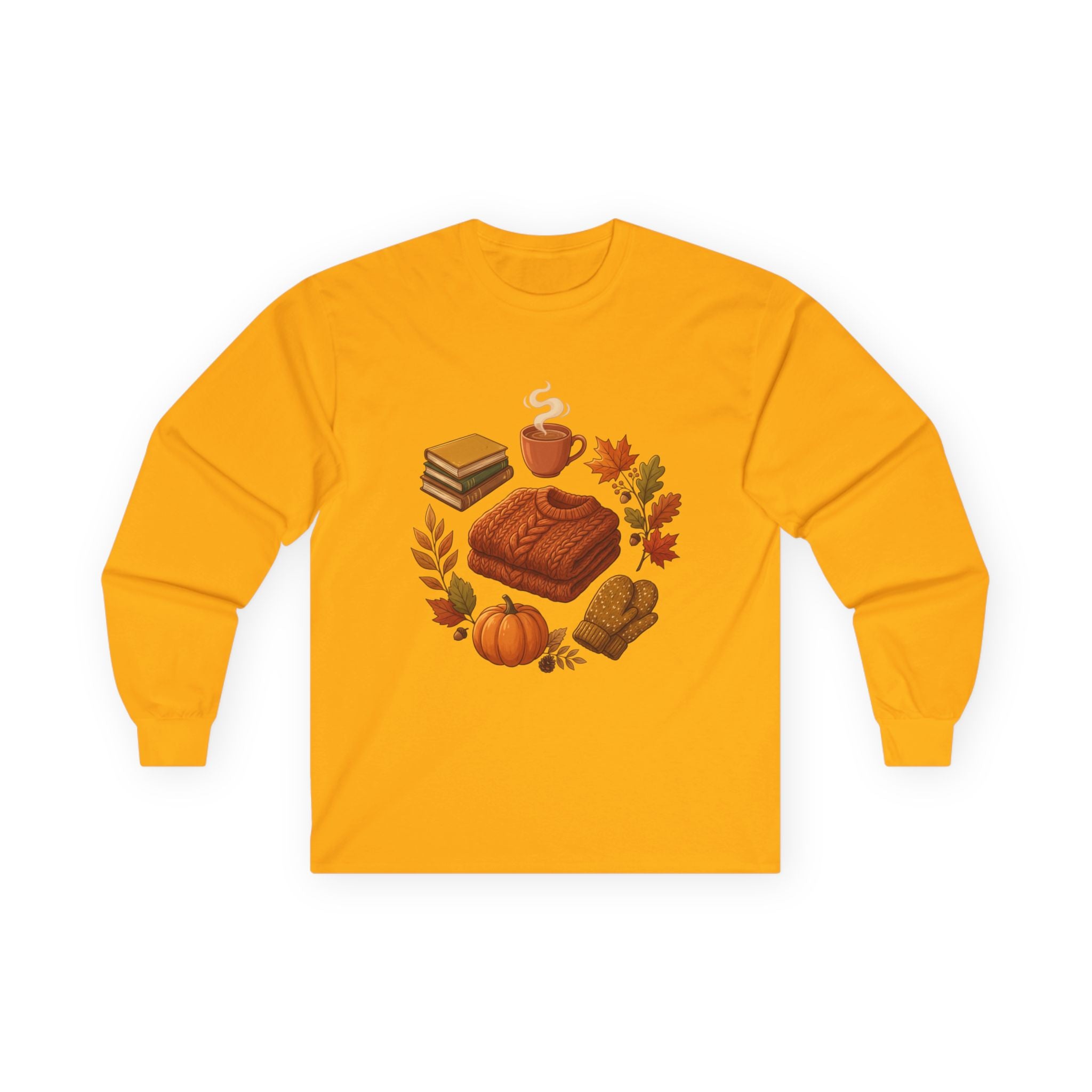 Autumn Cozy Comfort Long Sleeve Tee — Pumpkin, Sweater & Hot Drink Fall Design