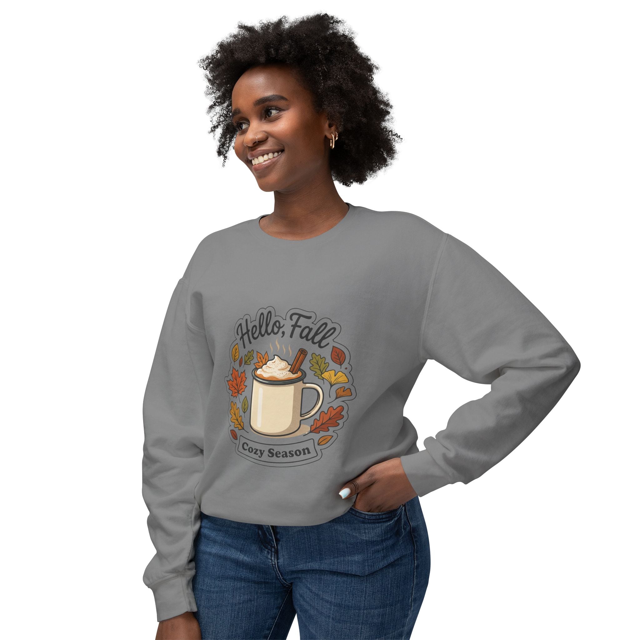 Hello Fall Cozy Season mug illustration Sweatshirt | Autumn leaves, pumpkin spice