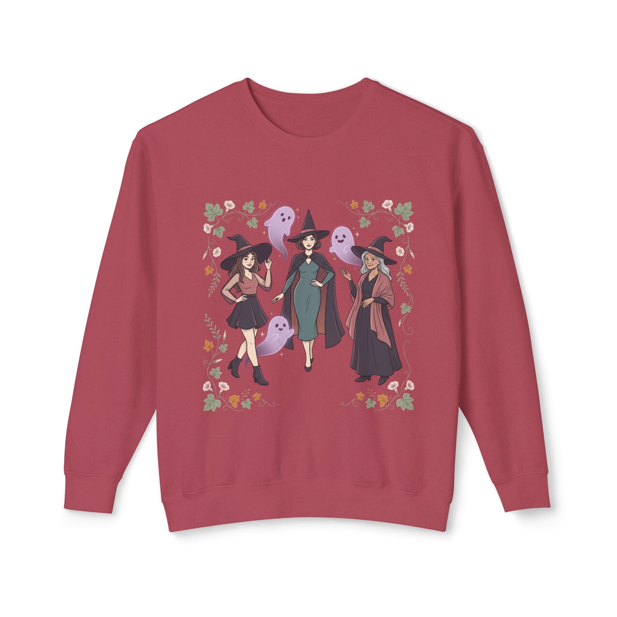 Three Witches with Ghosts Sweatshirt | Halloween Witch Trio, Autumn Leaves