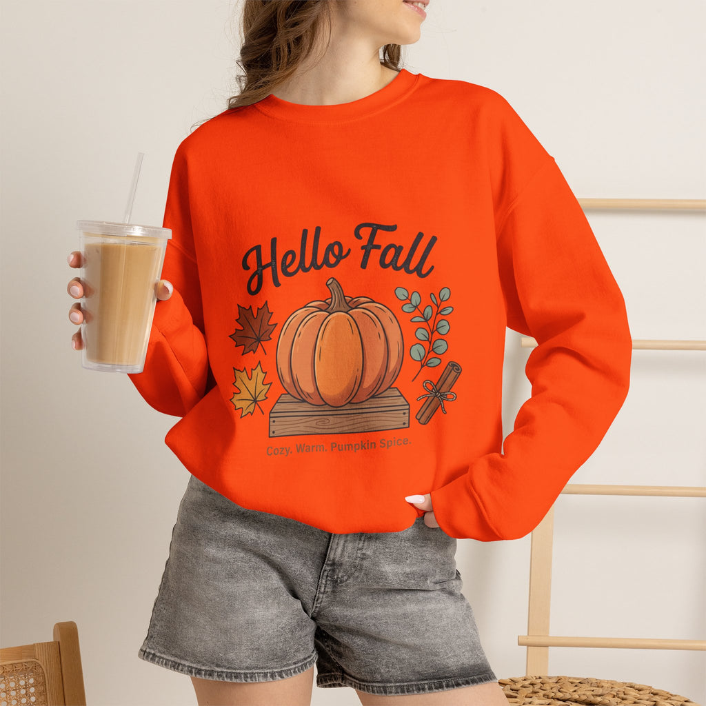 Hello Fall Pumpkin Design Sweatshirt | Autumn Leaves Cinnamon Sticks