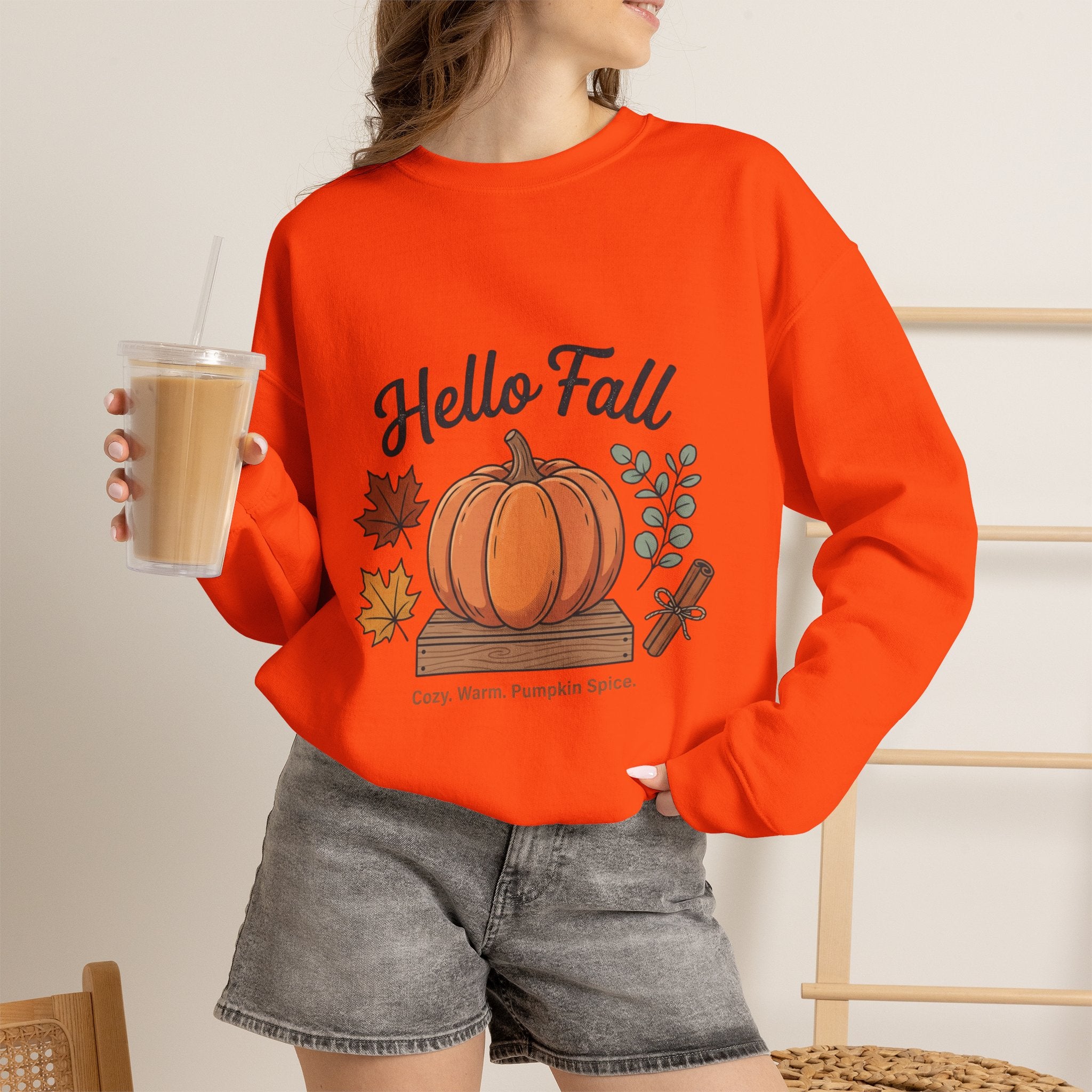 Hello Fall Pumpkin Design Sweatshirt | Autumn Leaves Cinnamon Sticks