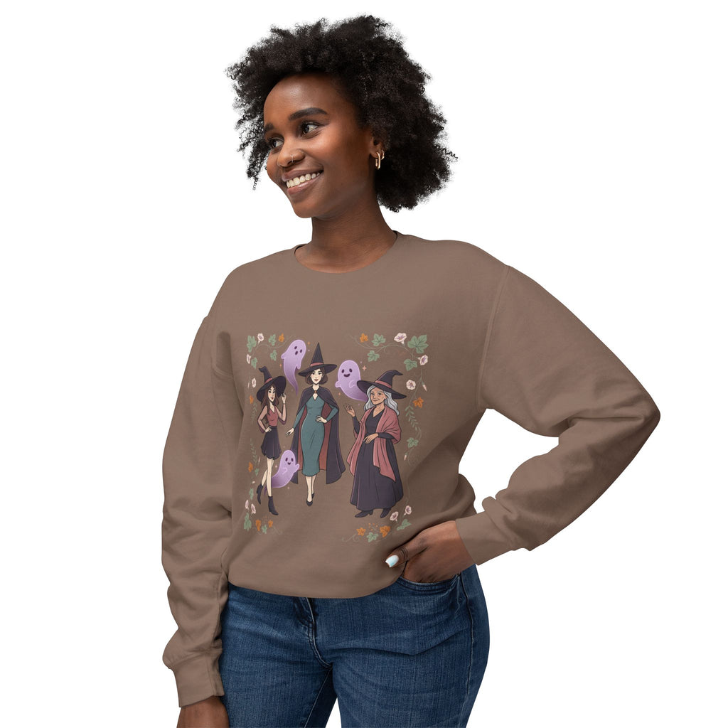 Three Witches with Ghosts Sweatshirt | Halloween Witch Trio, Autumn Leaves