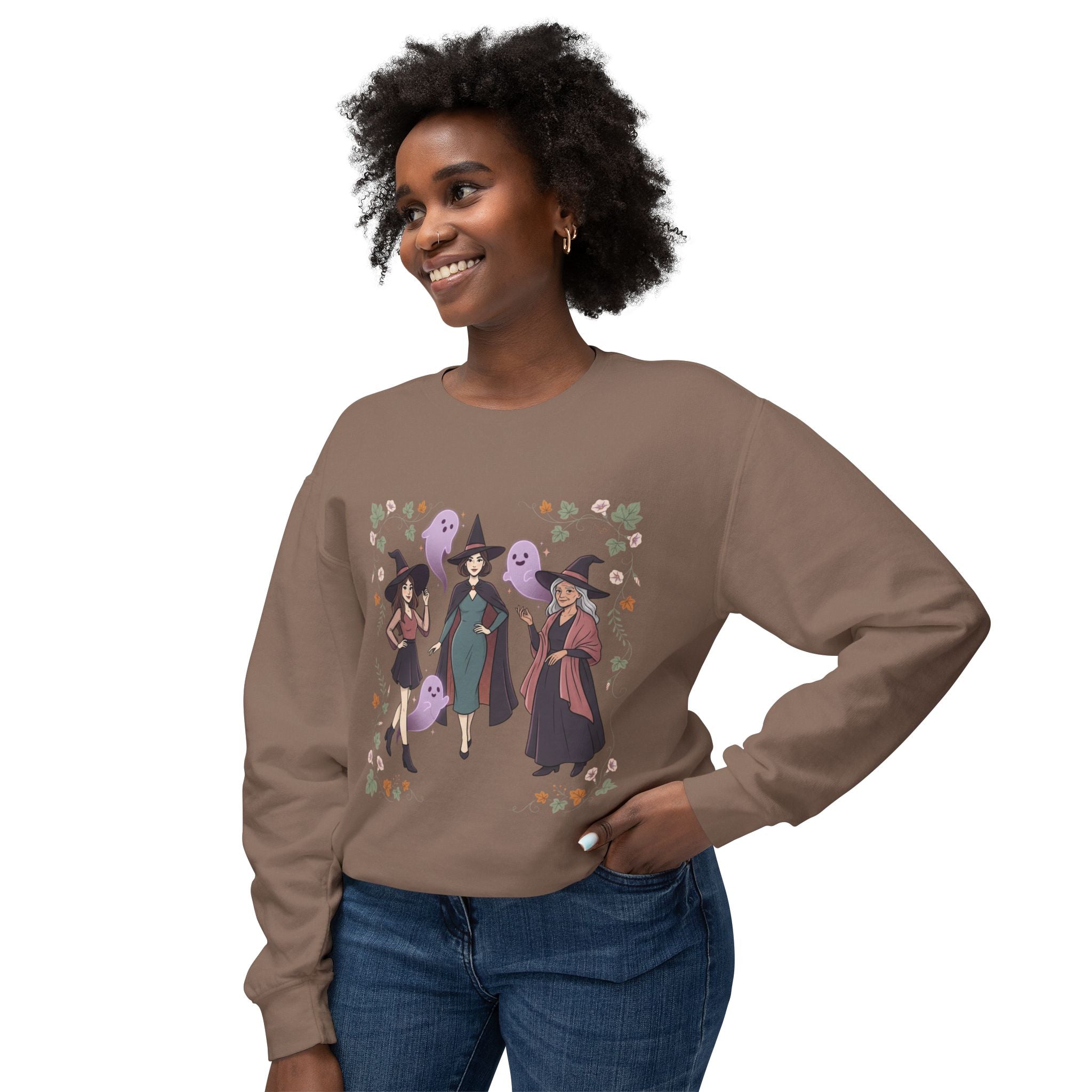 Three Witches with Ghosts Sweatshirt | Halloween Witch Trio, Autumn Leaves