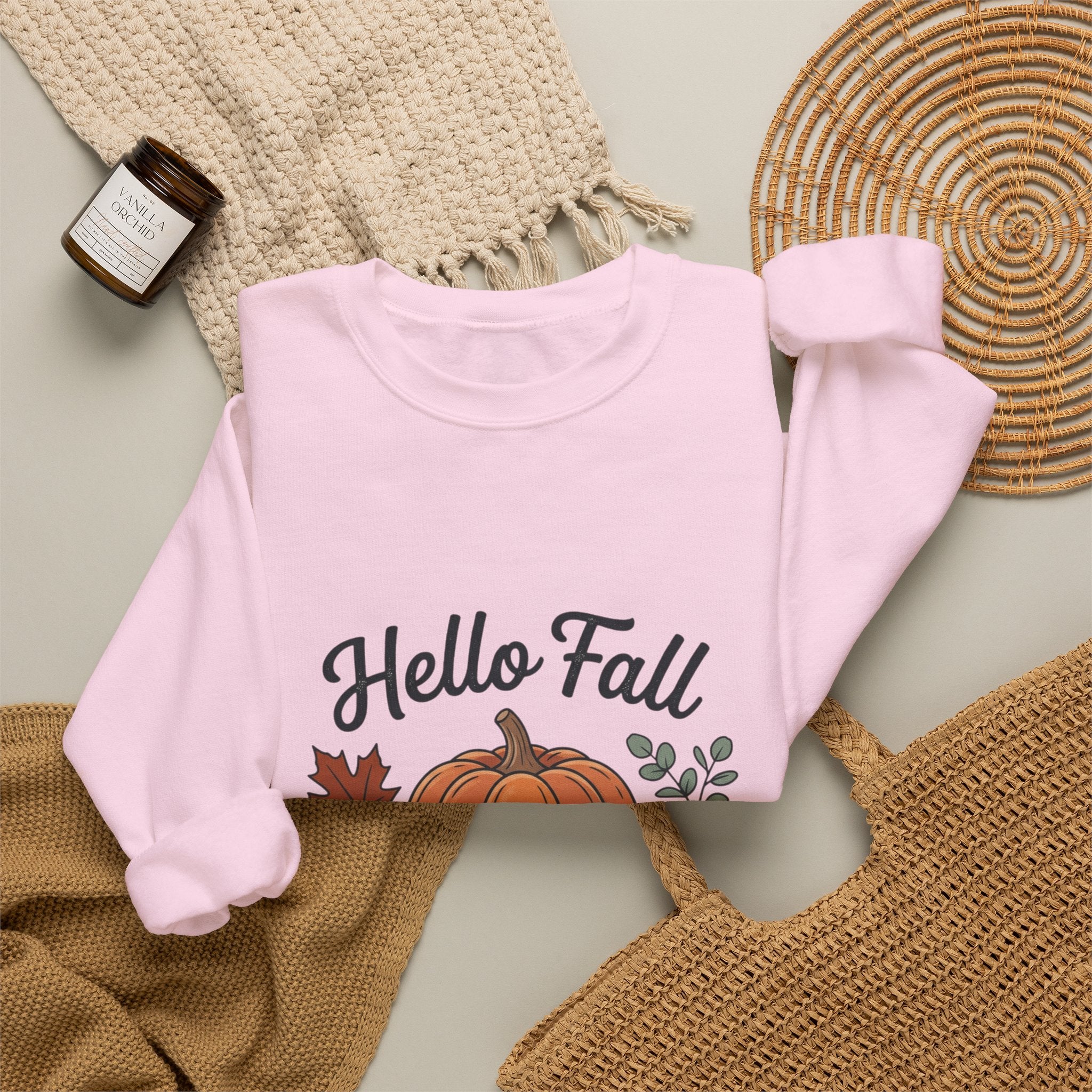 Hello Fall Pumpkin Design Sweatshirt | Autumn Leaves Cinnamon Sticks