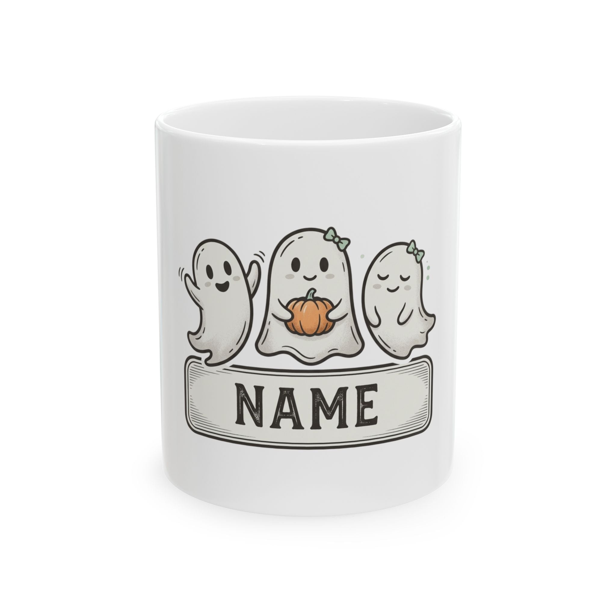 Personalized Halloween Ghost Mug — Cute Trio with Pumpkin (Custom Name)