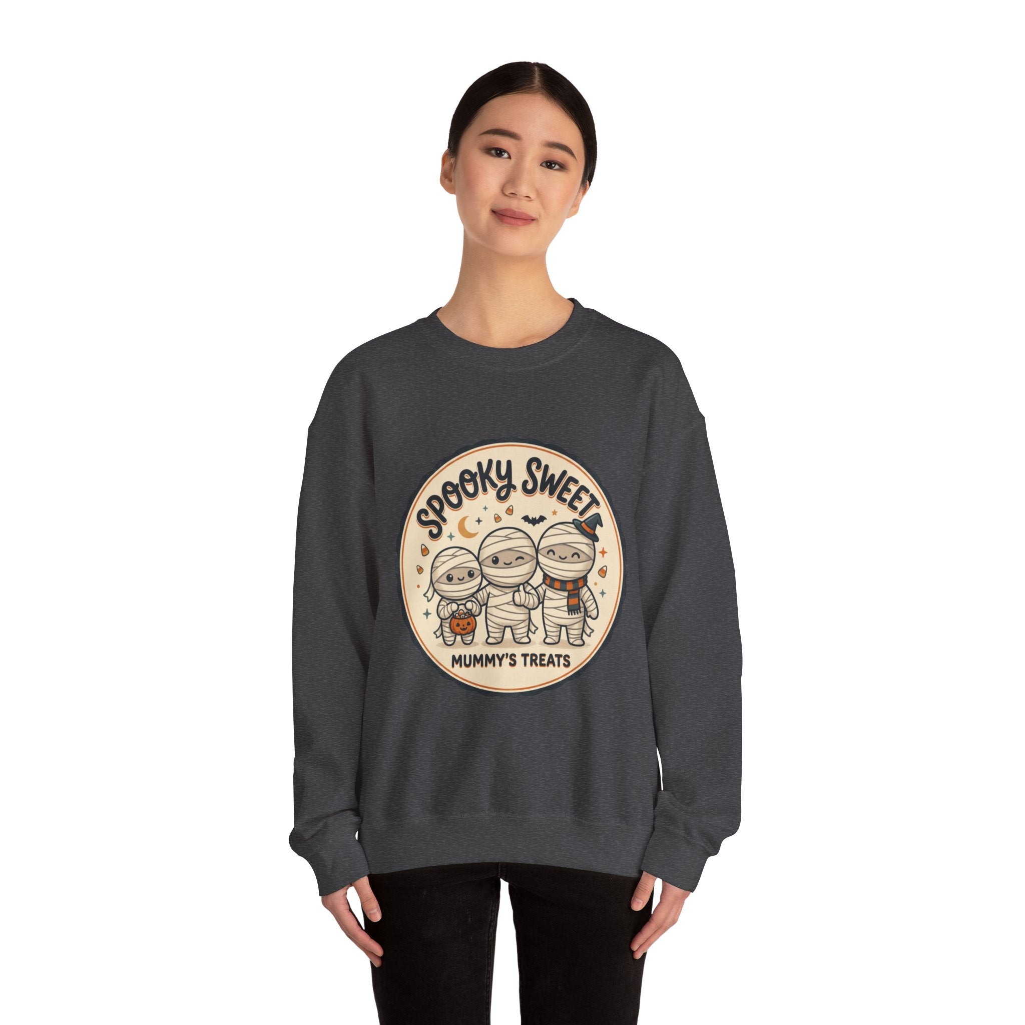 Halloween Sweatshirt — "Spooky Sweet Mummy's Treats" Cute Mummy Candy Crewneck
