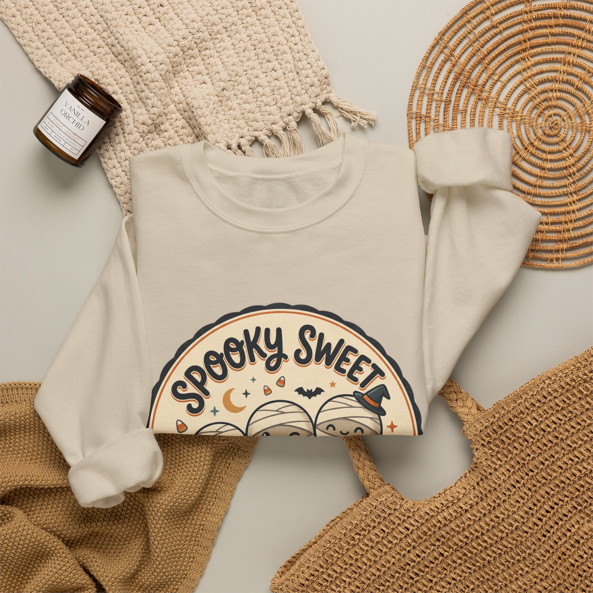 Halloween Sweatshirt — "Spooky Sweet Mummy's Treats" Cute Mummy Candy Crewneck