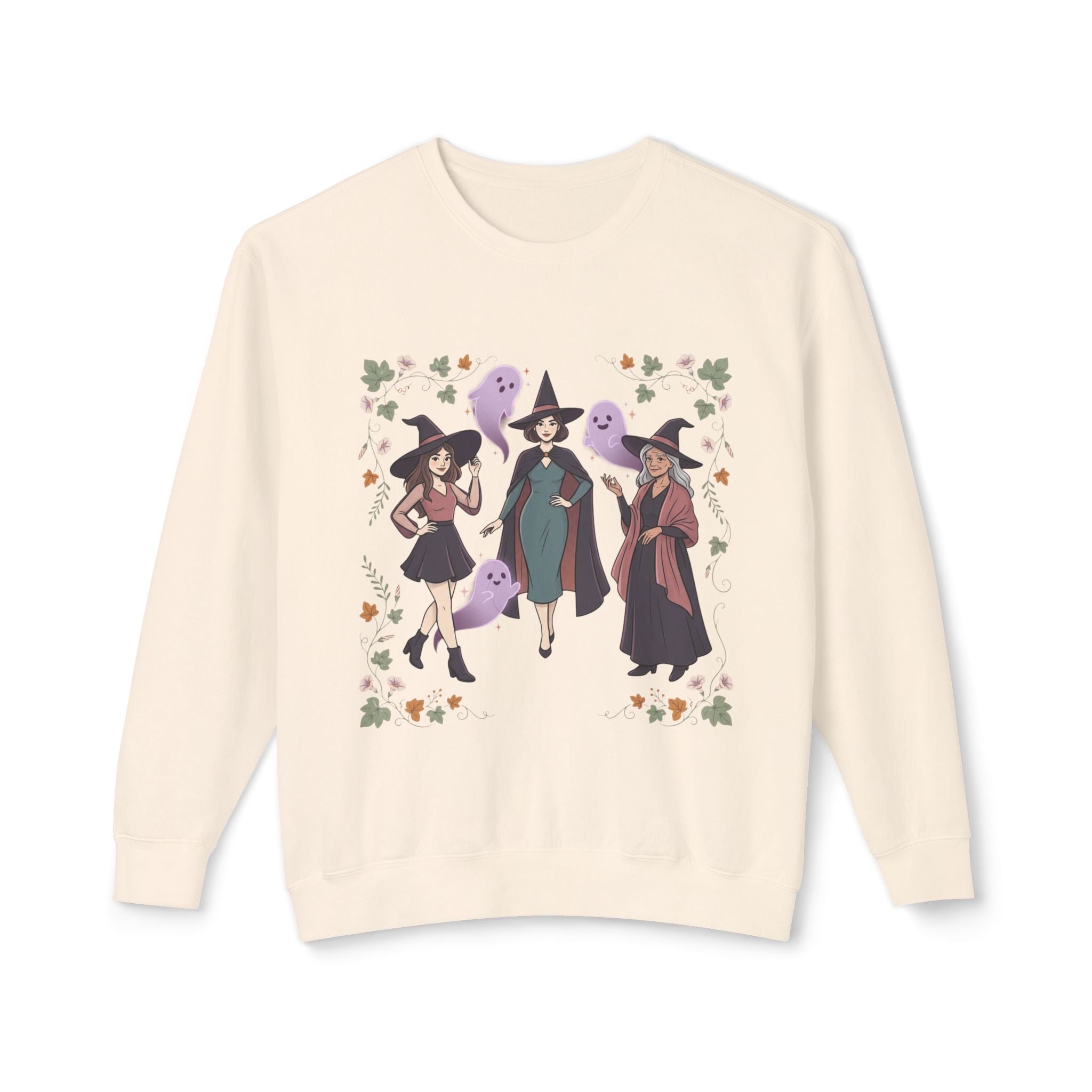 Three Witches with Ghosts Sweatshirt | Halloween Witch Trio, Autumn Leaves