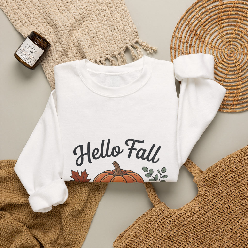 Hello Fall Pumpkin Design Sweatshirt | Autumn Leaves Cinnamon Sticks