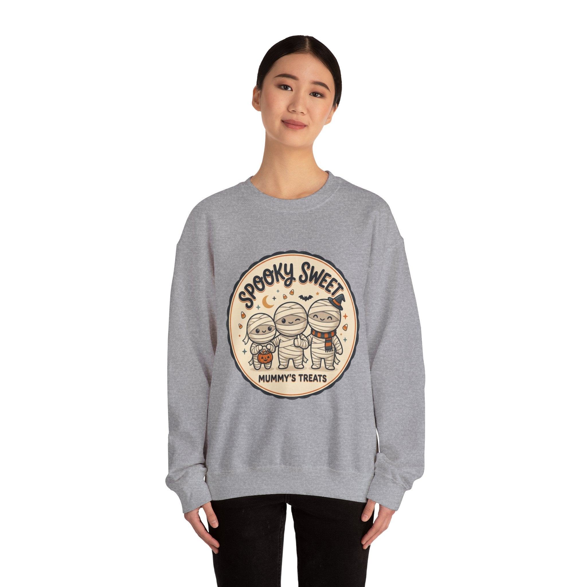 Halloween Sweatshirt — "Spooky Sweet Mummy's Treats" Cute Mummy Candy Crewneck