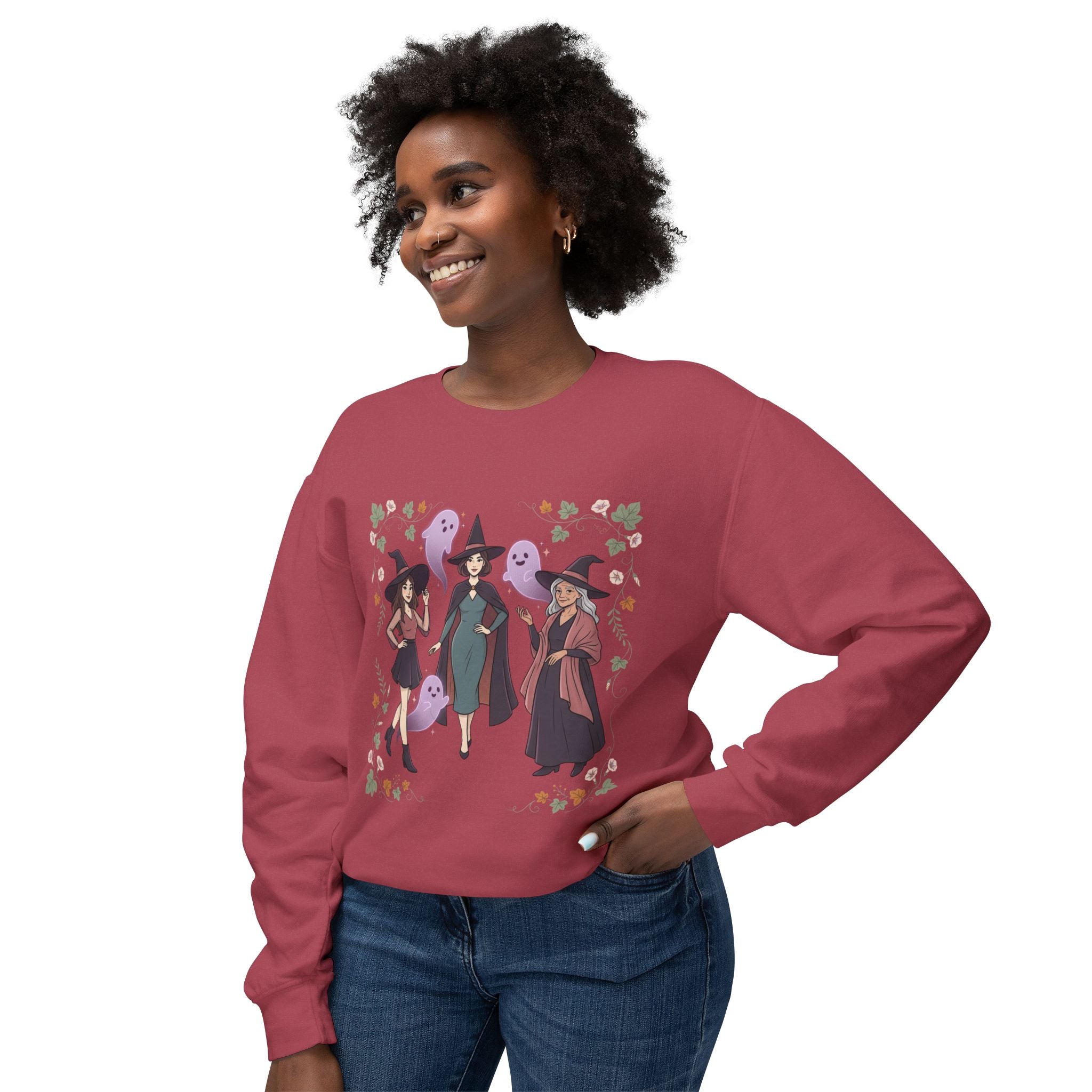 Three Witches with Ghosts Sweatshirt | Halloween Witch Trio, Autumn Leaves