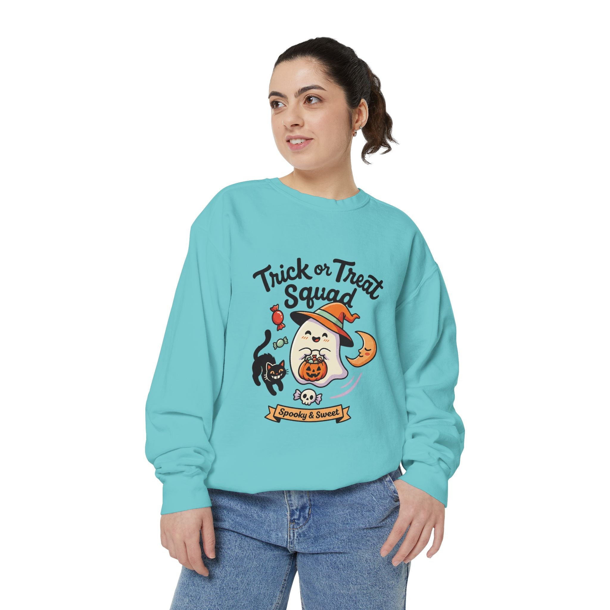 Trick or Treat Squad Sweatshirt | Halloween Ghost, Cat & Pumpkin