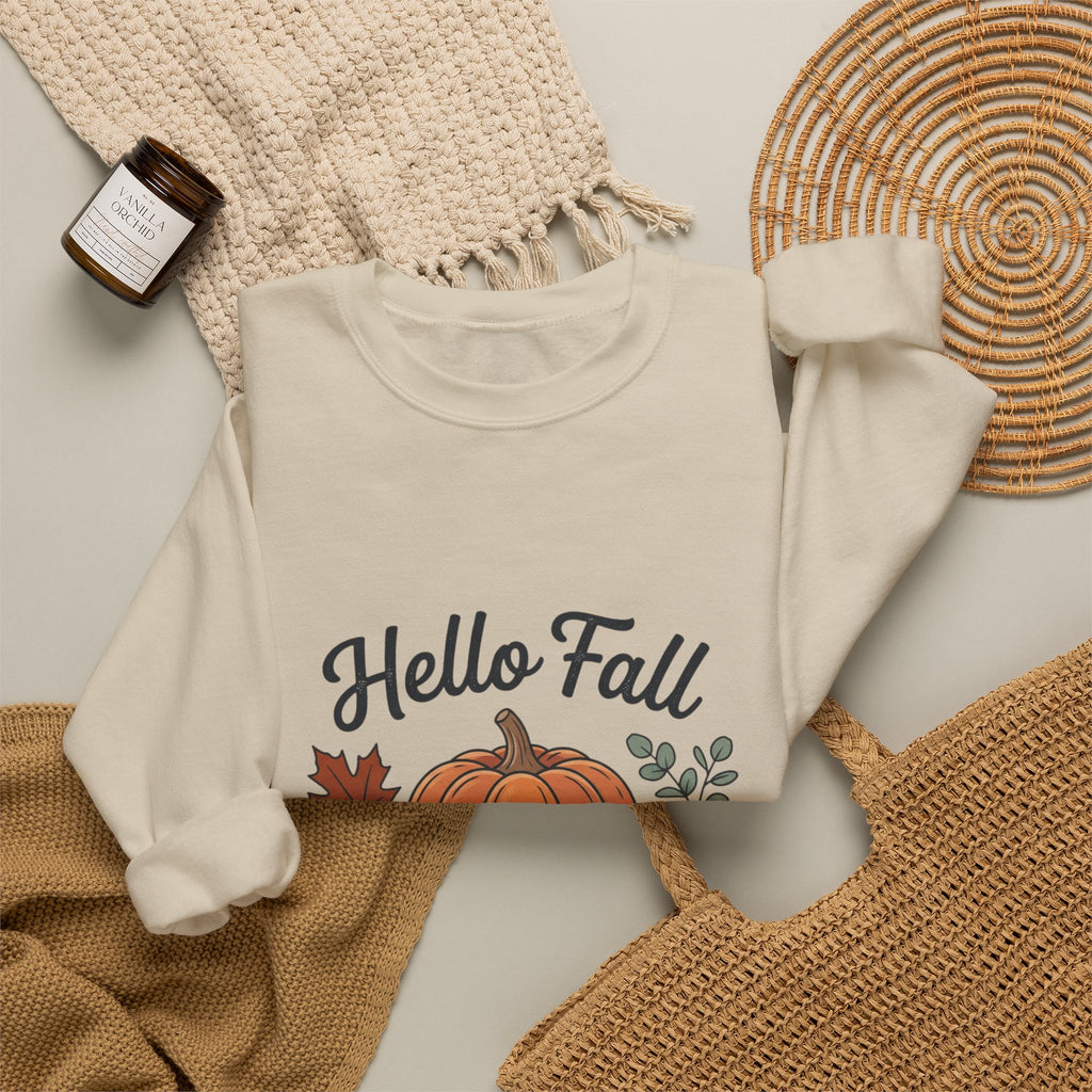 Hello Fall Pumpkin Design Sweatshirt | Autumn Leaves Cinnamon Sticks
