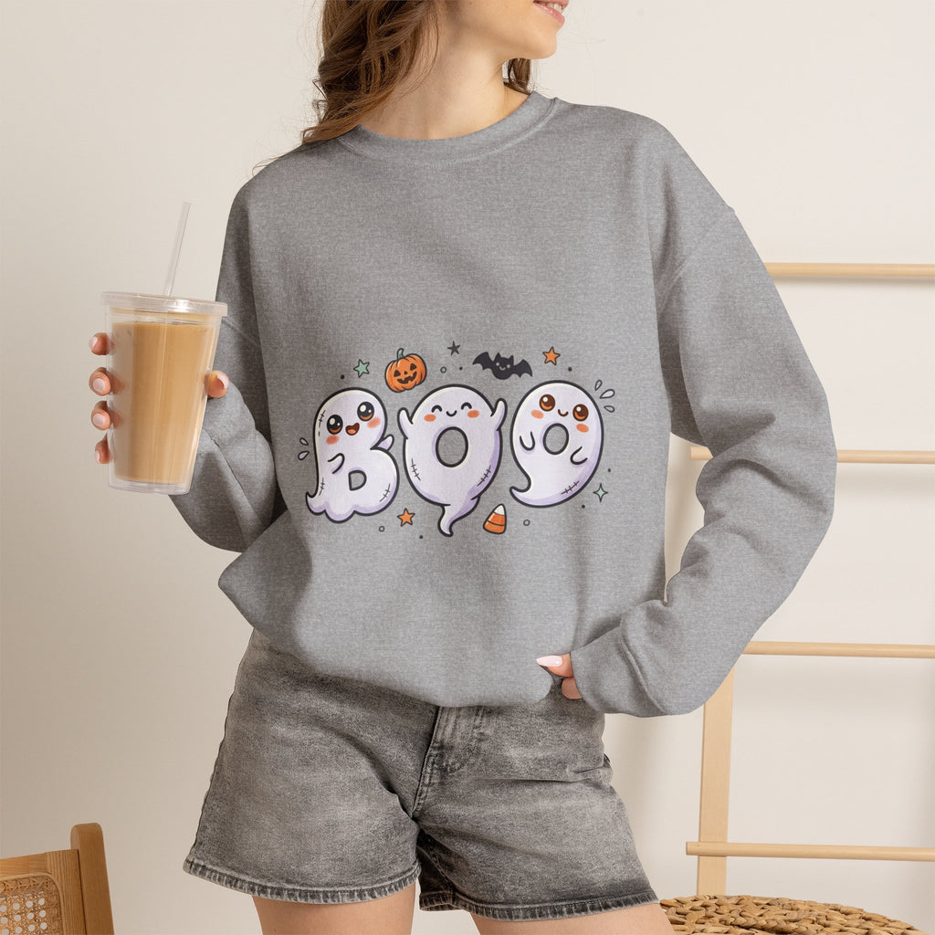 Cute 'BOO' Ghost Halloween Sweatshirt — Cute Spooky Crewneck for Fall