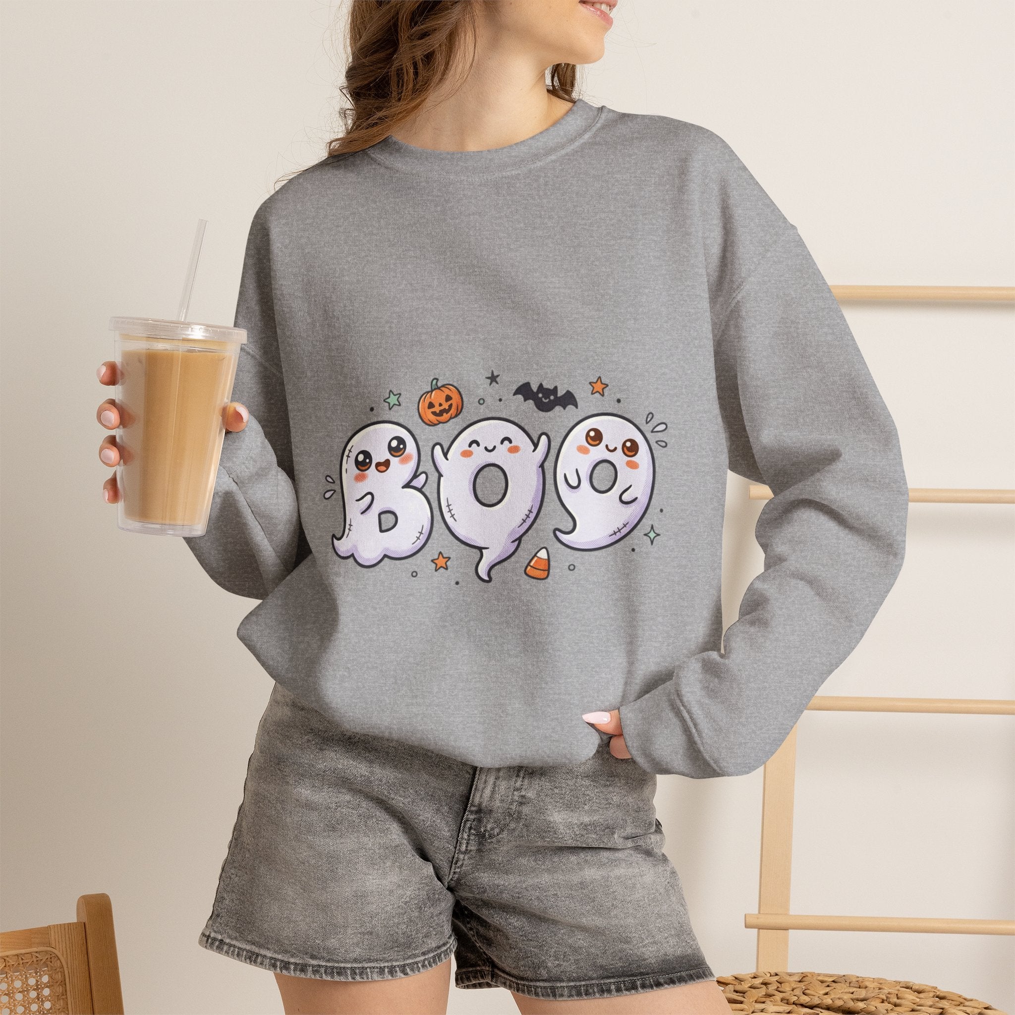 Cute 'BOO' Ghost Halloween Sweatshirt — Cute Spooky Crewneck for Fall