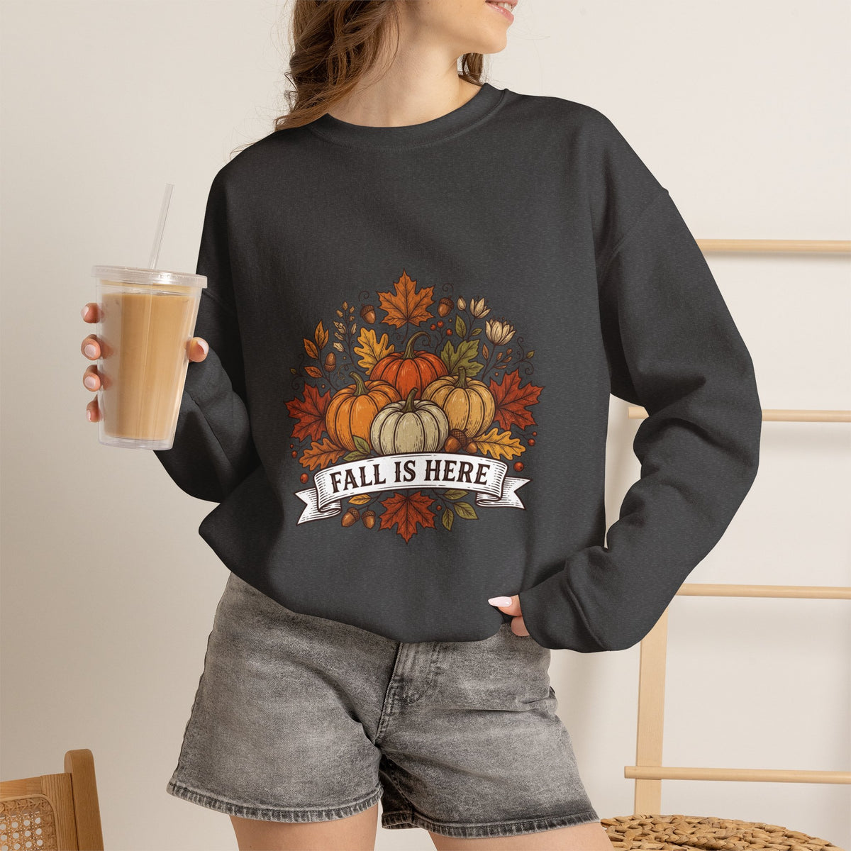 Fall Is Here Sweatshirt — Autumn Pumpkin Leaves Crewneck
