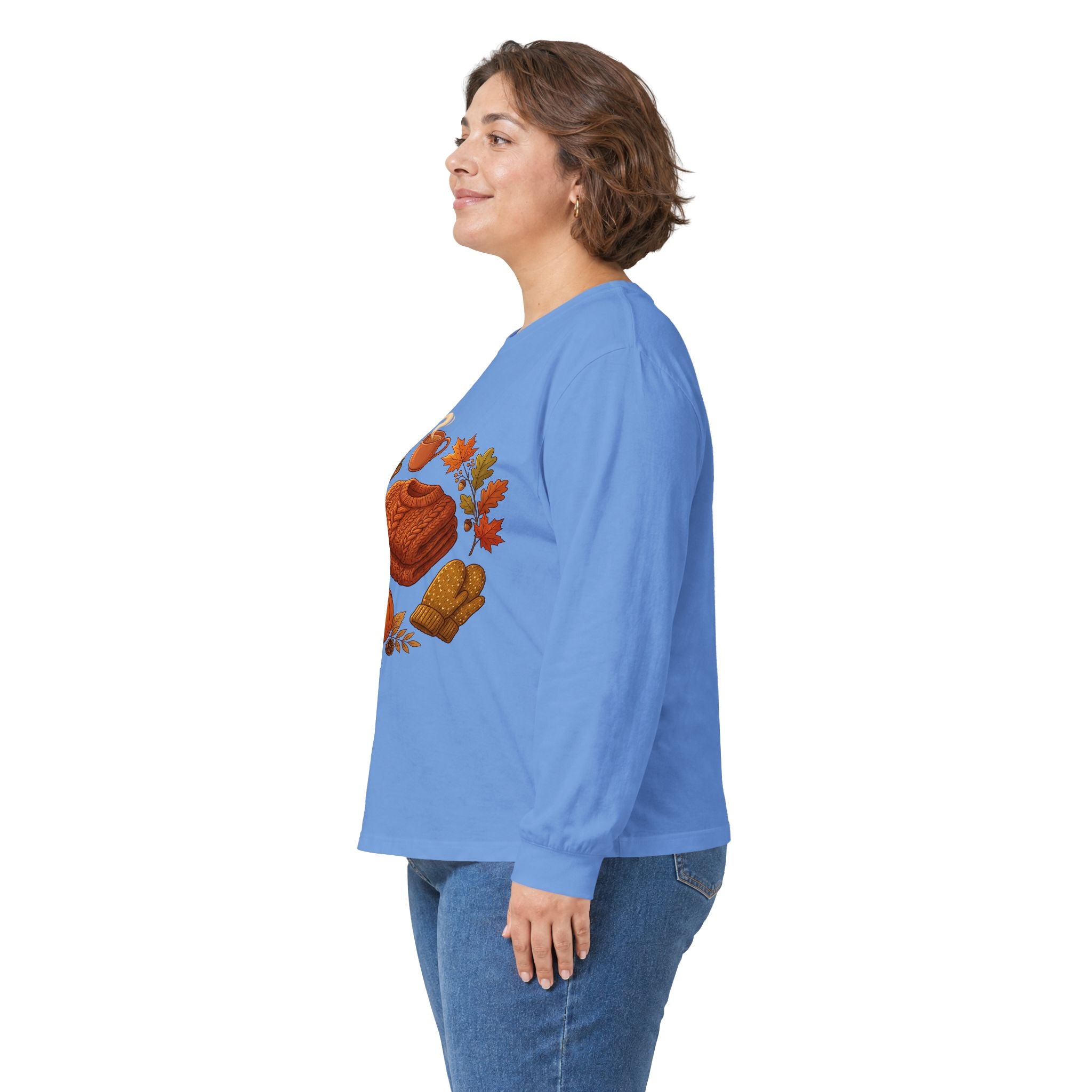 Autumn Cozy Comfort Long Sleeve Tee — Pumpkin, Sweater & Hot Drink Fall Design