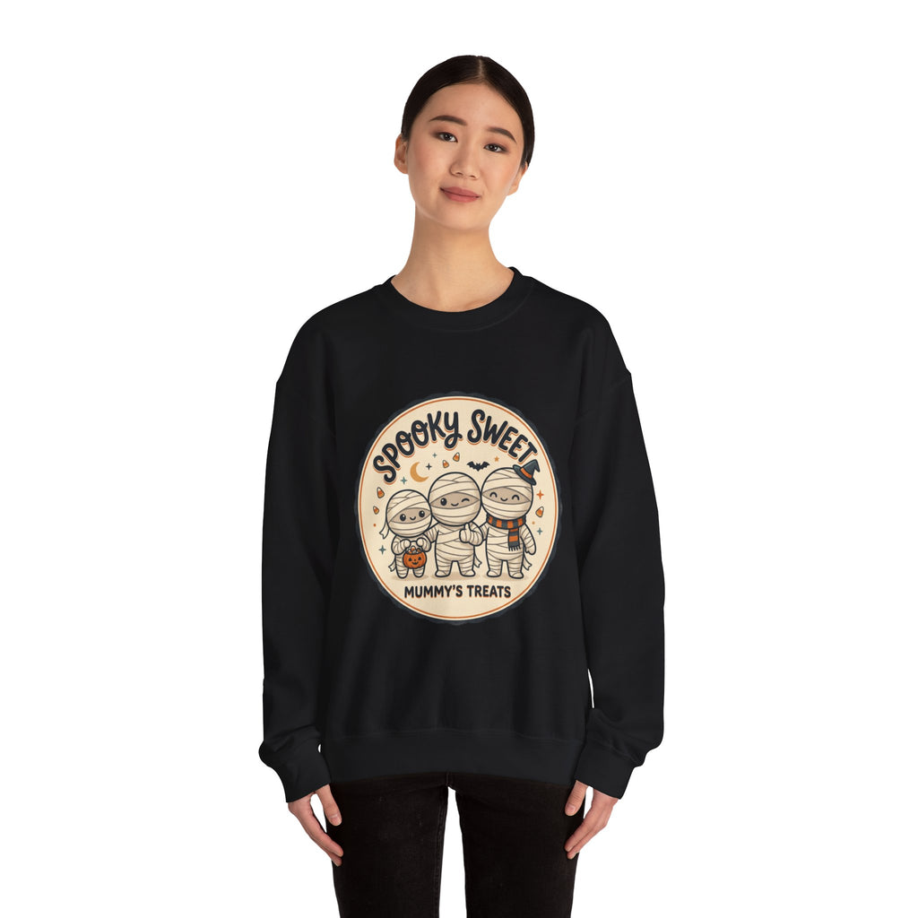 Halloween Sweatshirt — "Spooky Sweet Mummy's Treats" Cute Mummy Candy Crewneck