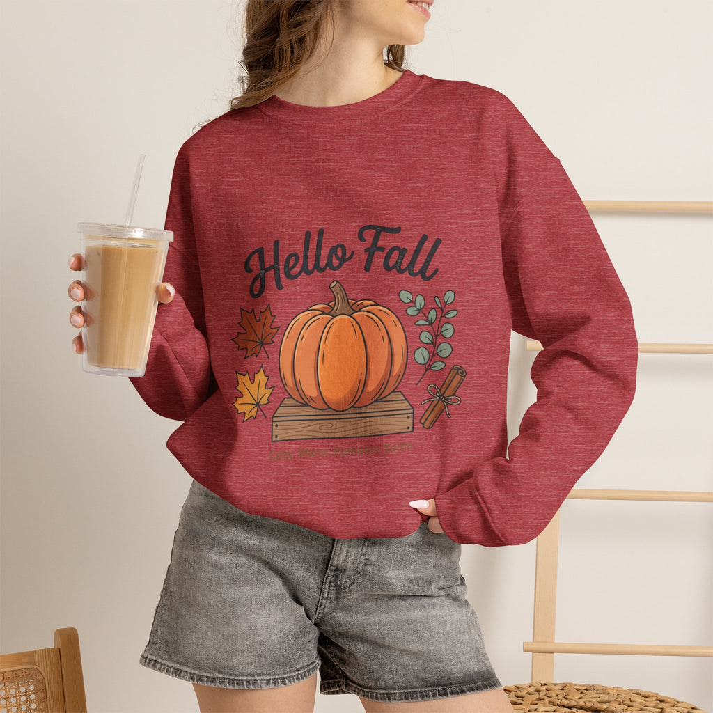 Hello Fall Pumpkin Design Sweatshirt | Autumn Leaves Cinnamon Sticks