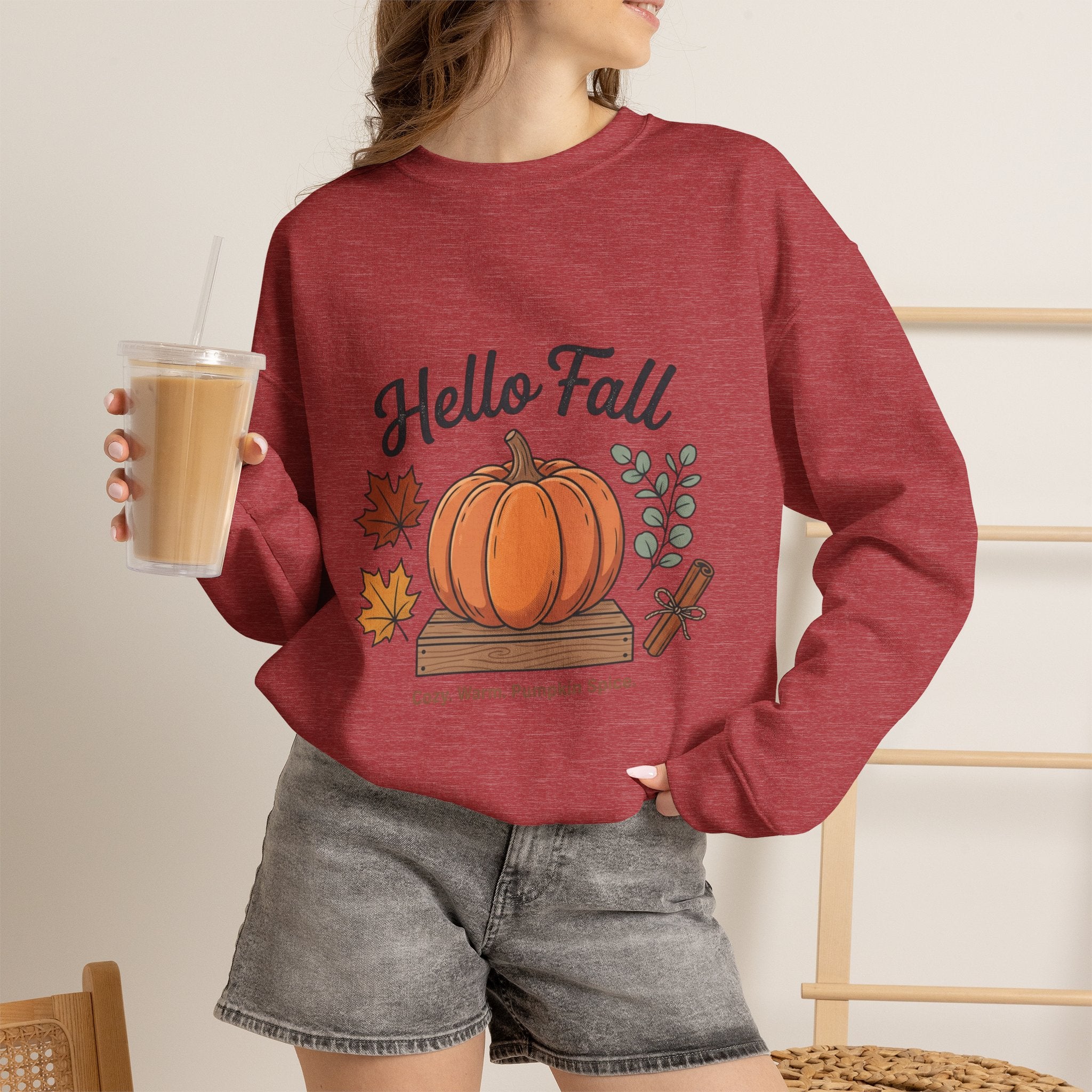 Hello Fall Pumpkin Design Sweatshirt | Autumn Leaves Cinnamon Sticks