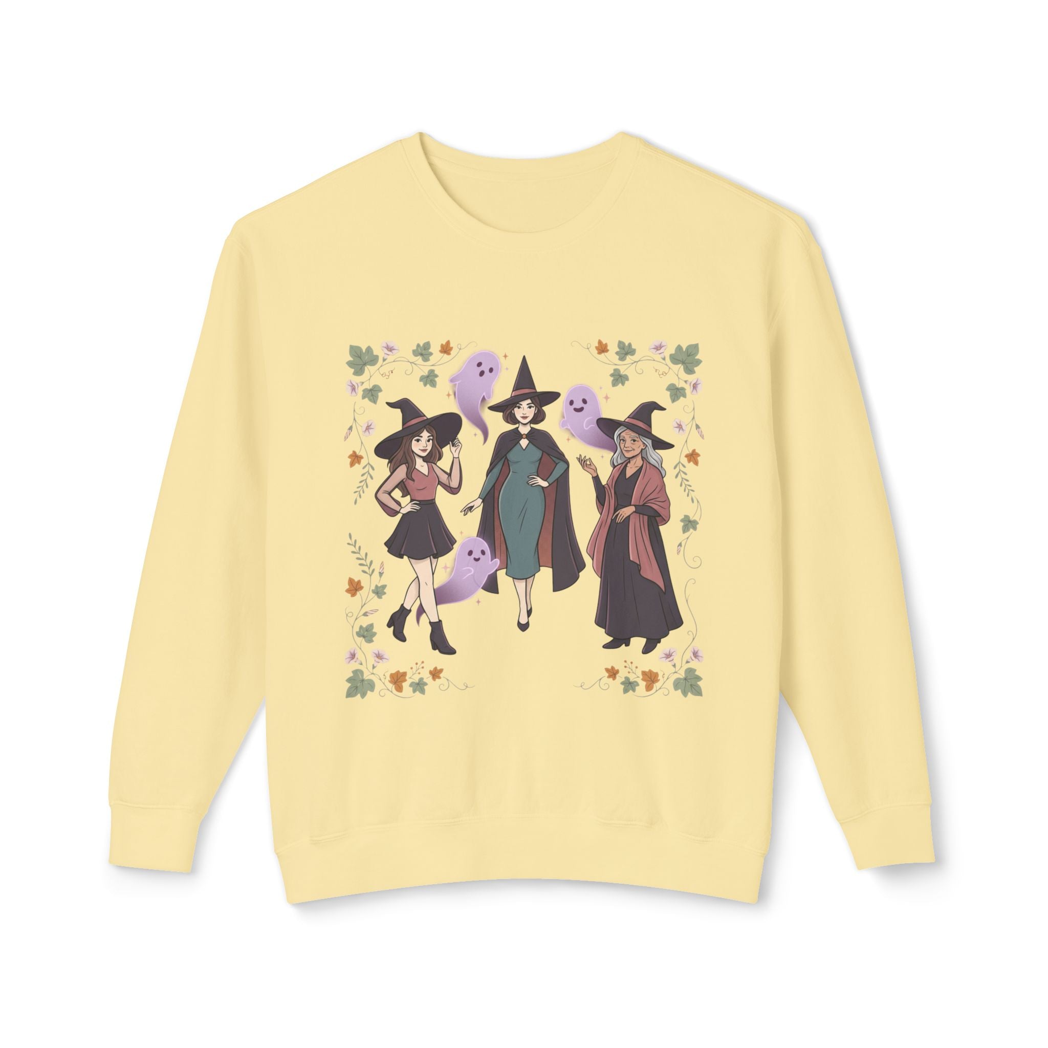 Three Witches with Ghosts Sweatshirt | Halloween Witch Trio, Autumn Leaves