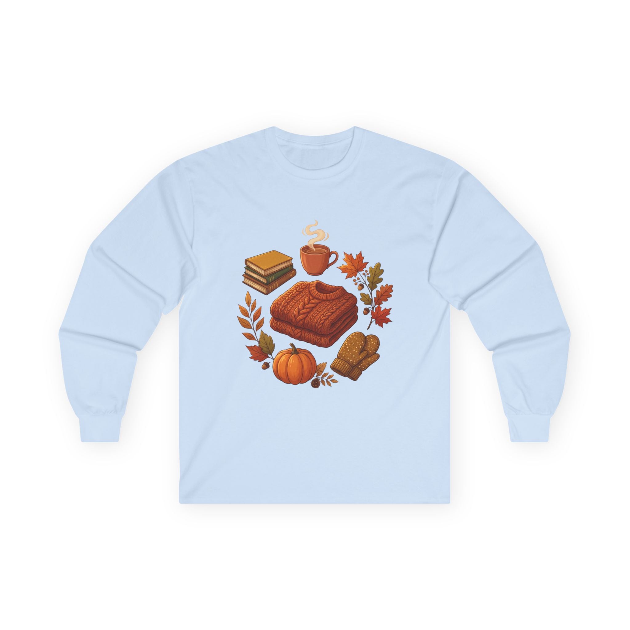 Autumn Cozy Comfort Long Sleeve Tee — Pumpkin, Sweater & Hot Drink Fall Design