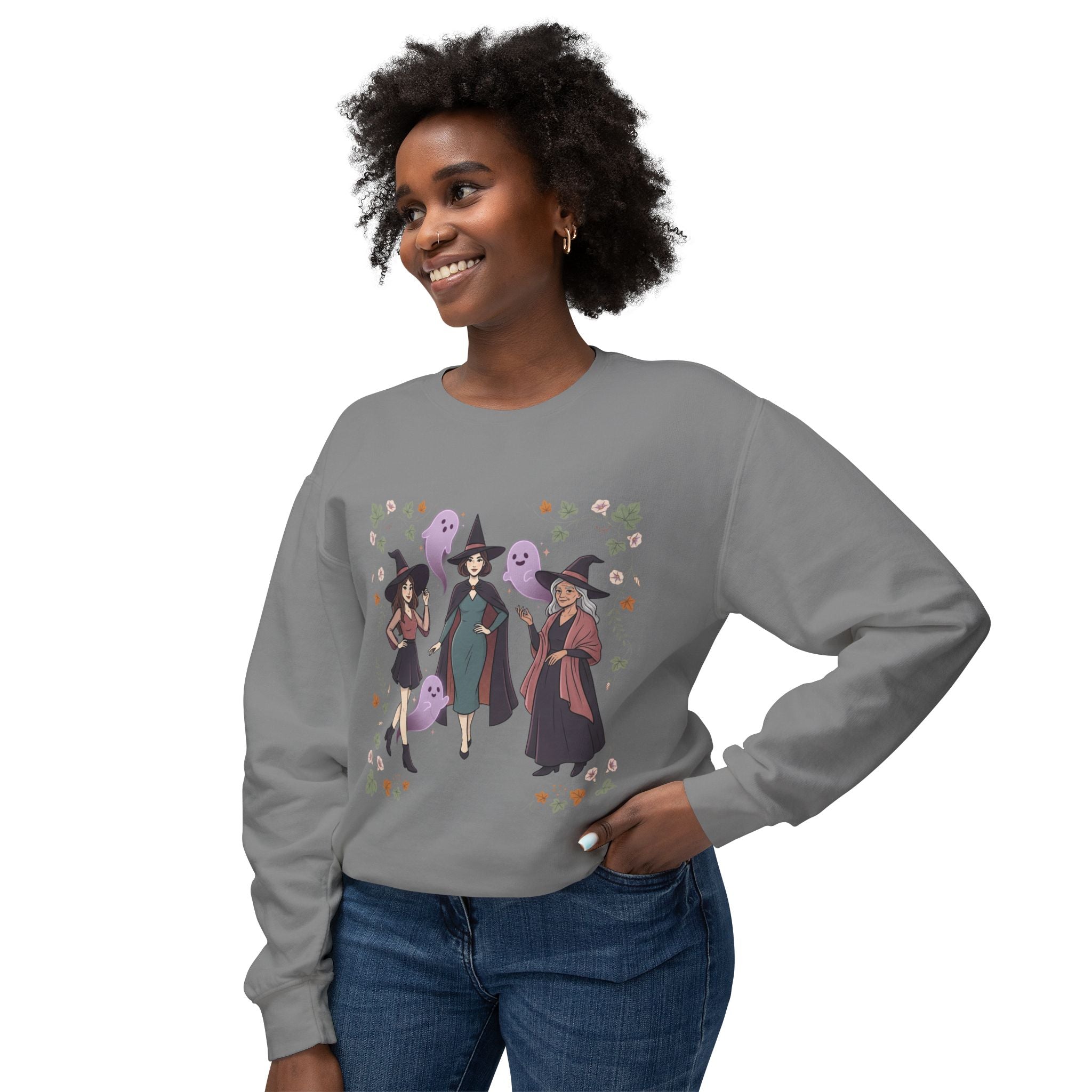 Three Witches with Ghosts Sweatshirt | Halloween Witch Trio, Autumn Leaves