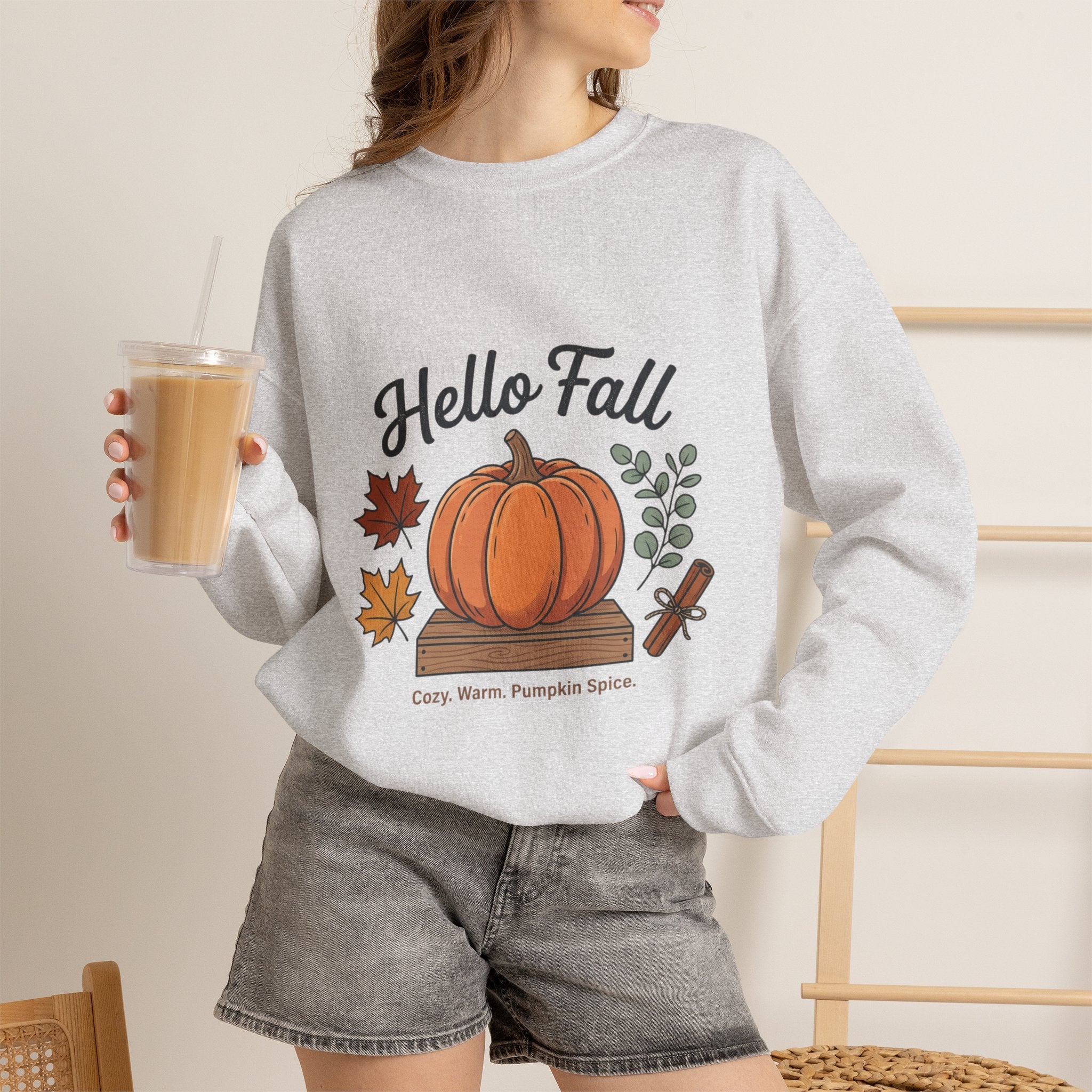 Hello Fall Pumpkin Design Sweatshirt | Autumn Leaves Cinnamon Sticks