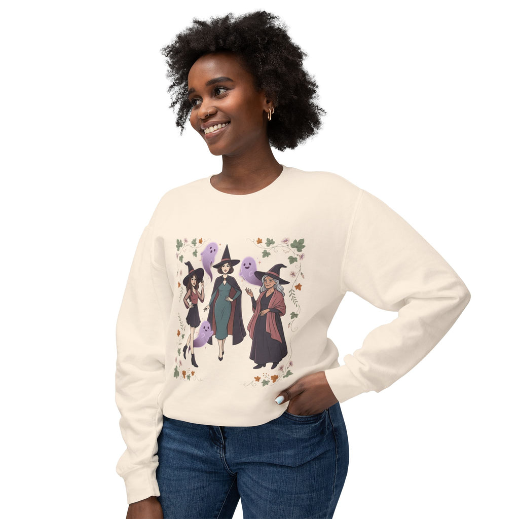 Three Witches with Ghosts Sweatshirt | Halloween Witch Trio, Autumn Leaves