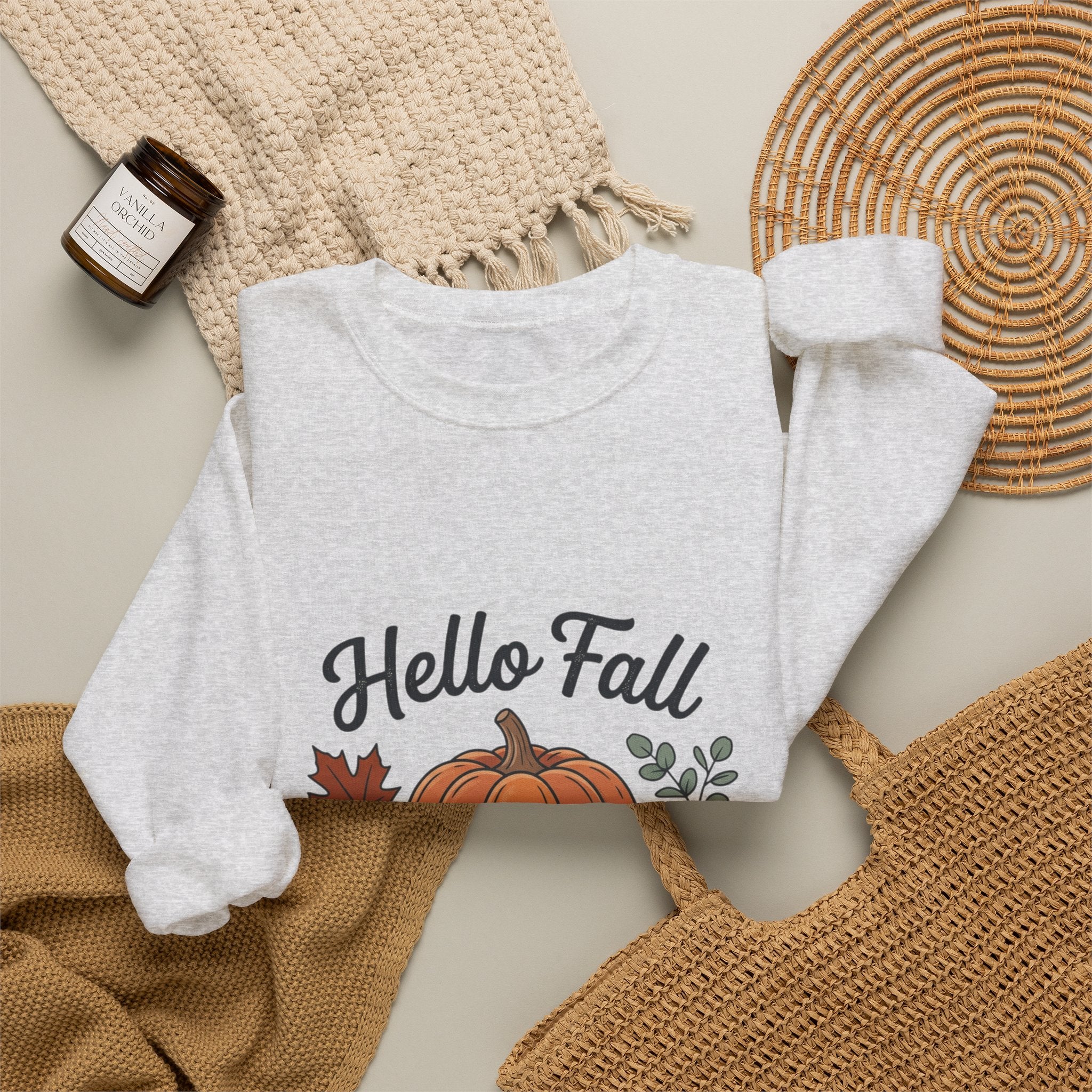 Hello Fall Pumpkin Design Sweatshirt | Autumn Leaves Cinnamon Sticks