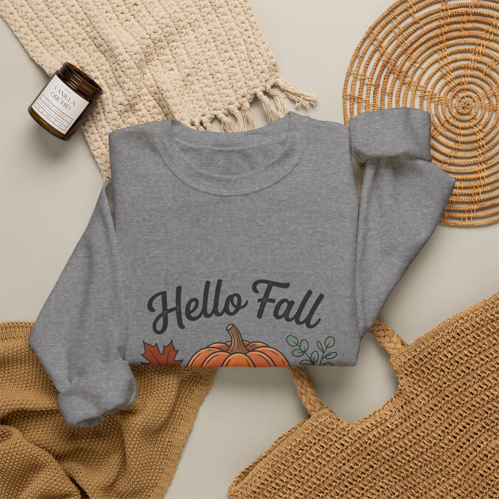 Hello Fall Pumpkin Design Sweatshirt | Autumn Leaves Cinnamon Sticks