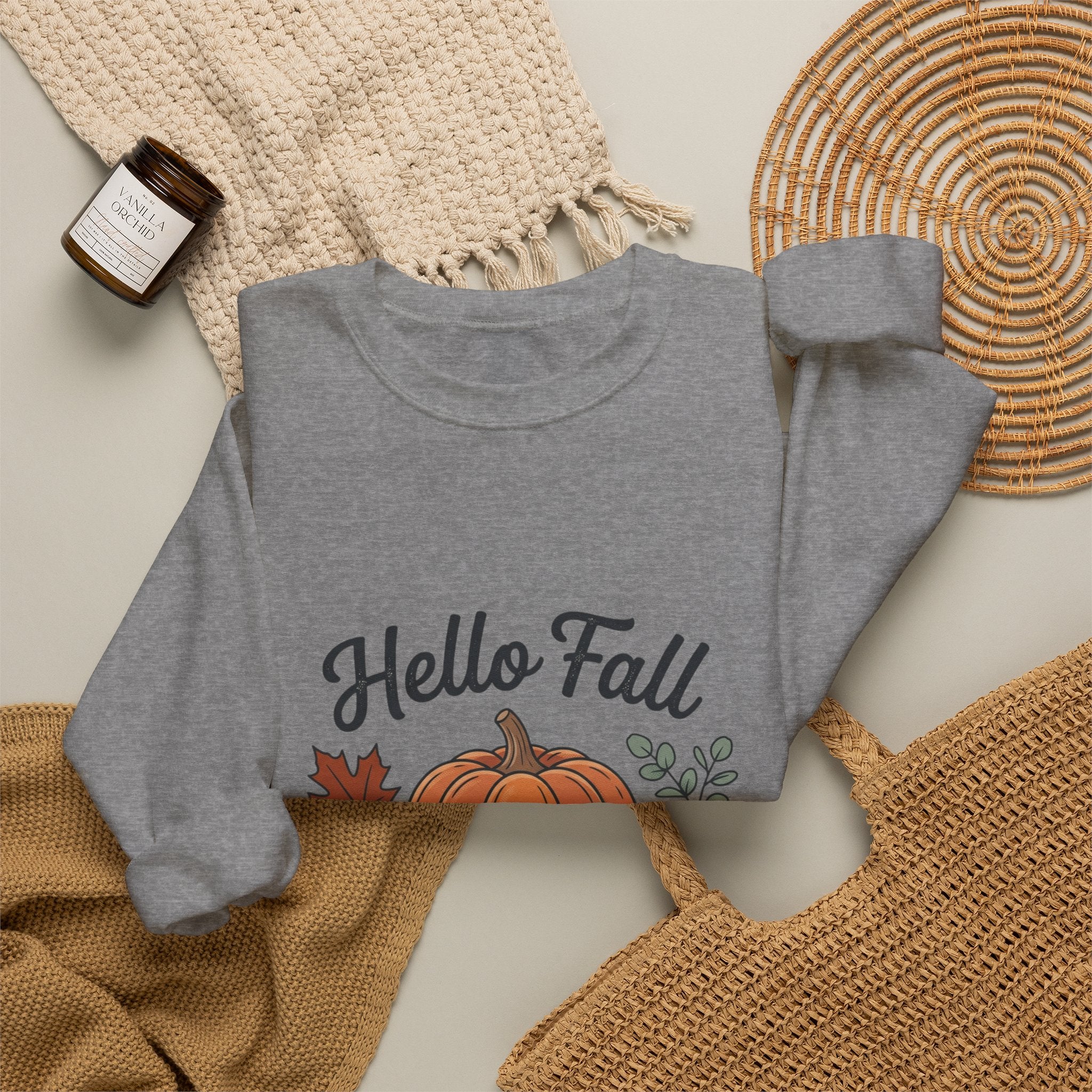 Hello Fall Pumpkin Design Sweatshirt | Autumn Leaves Cinnamon Sticks