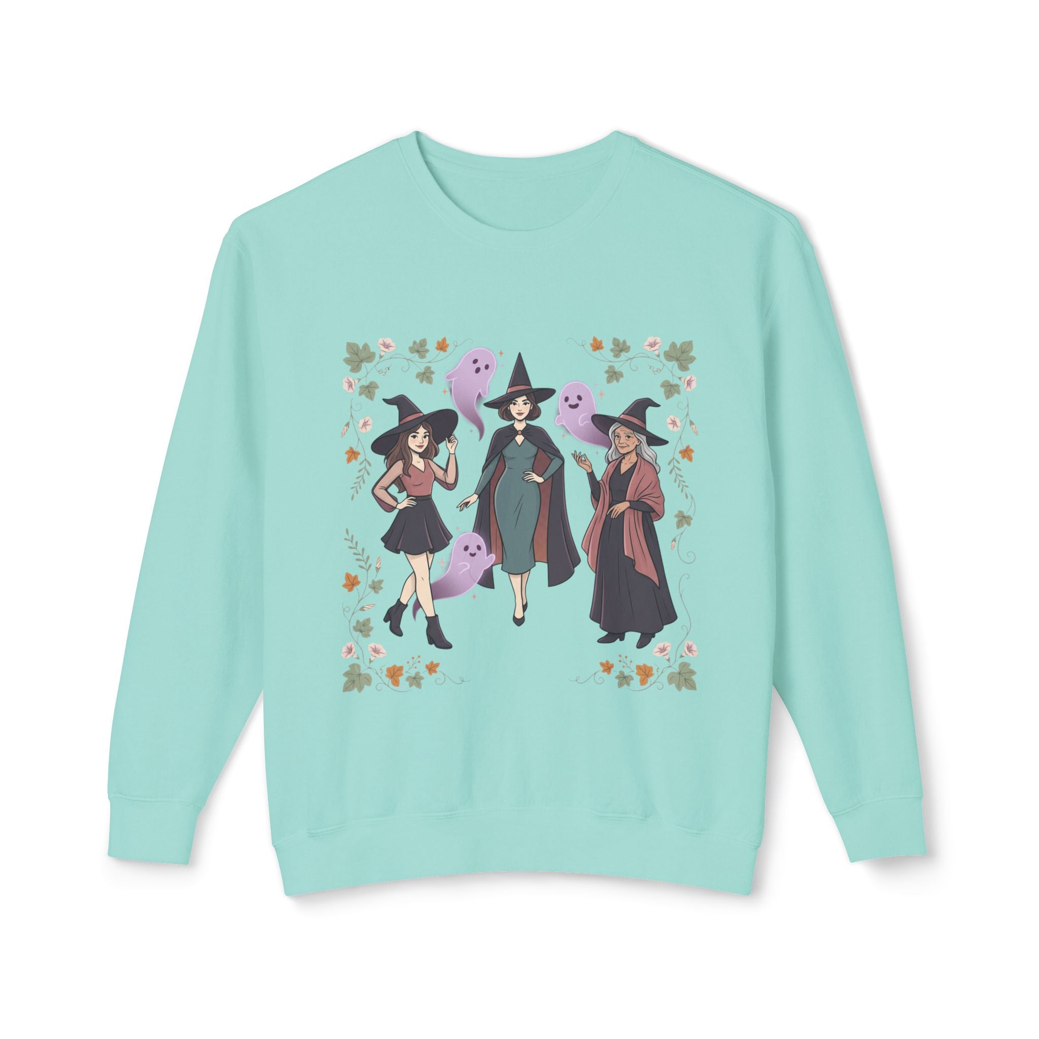 Three Witches with Ghosts Sweatshirt | Halloween Witch Trio, Autumn Leaves