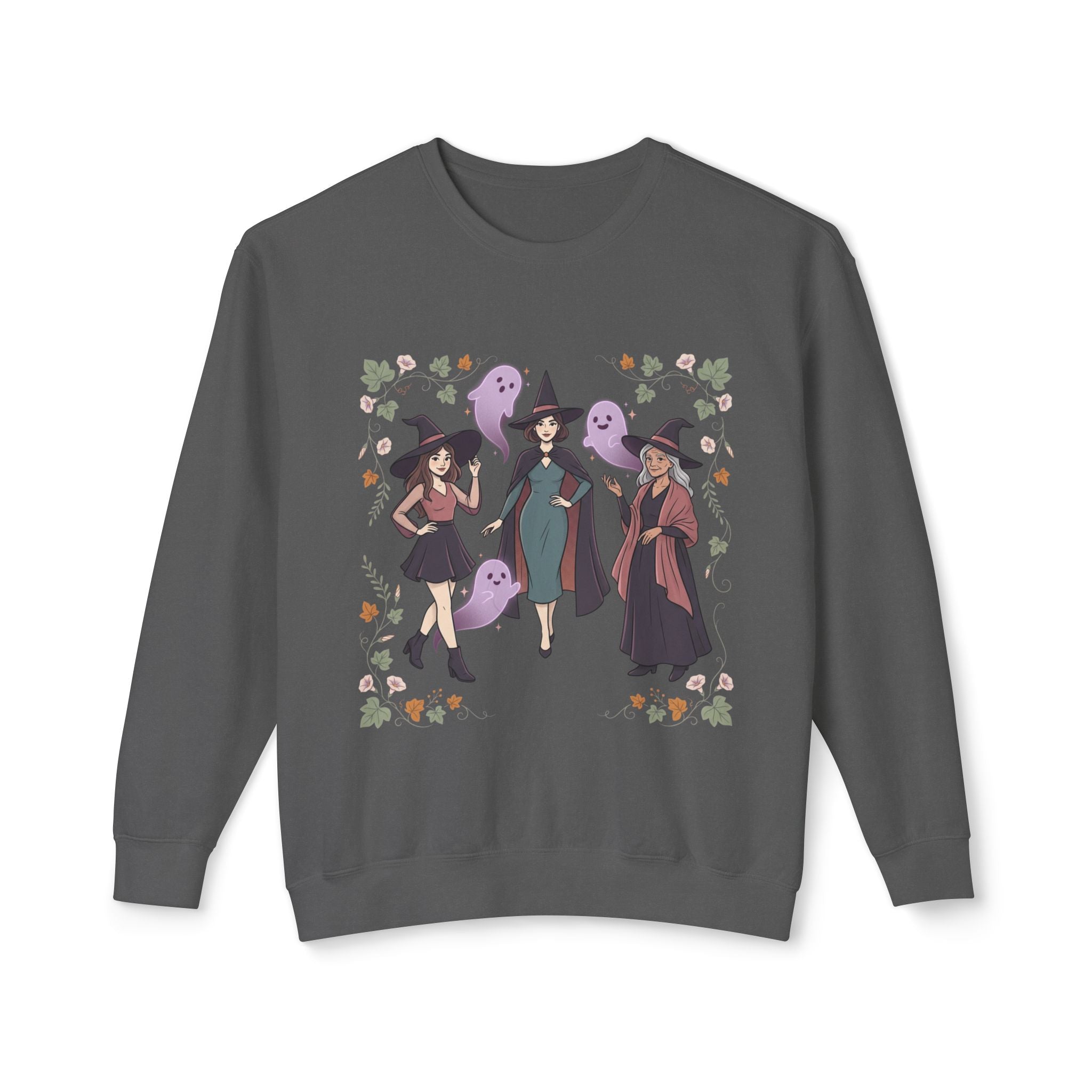 Three Witches with Ghosts Sweatshirt | Halloween Witch Trio, Autumn Leaves