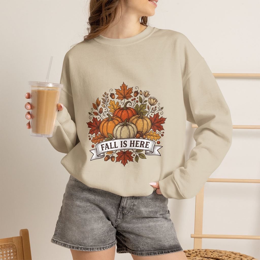 Fall Is Here Sweatshirt — Autumn Pumpkin Leaves Crewneck