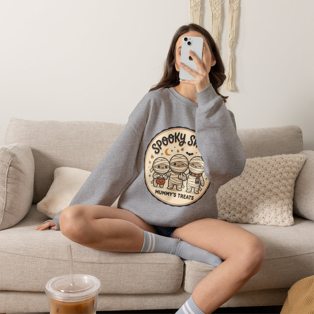 Halloween Sweatshirt — "Spooky Sweet Mummy's Treats" Cute Mummy Candy Crewneck
