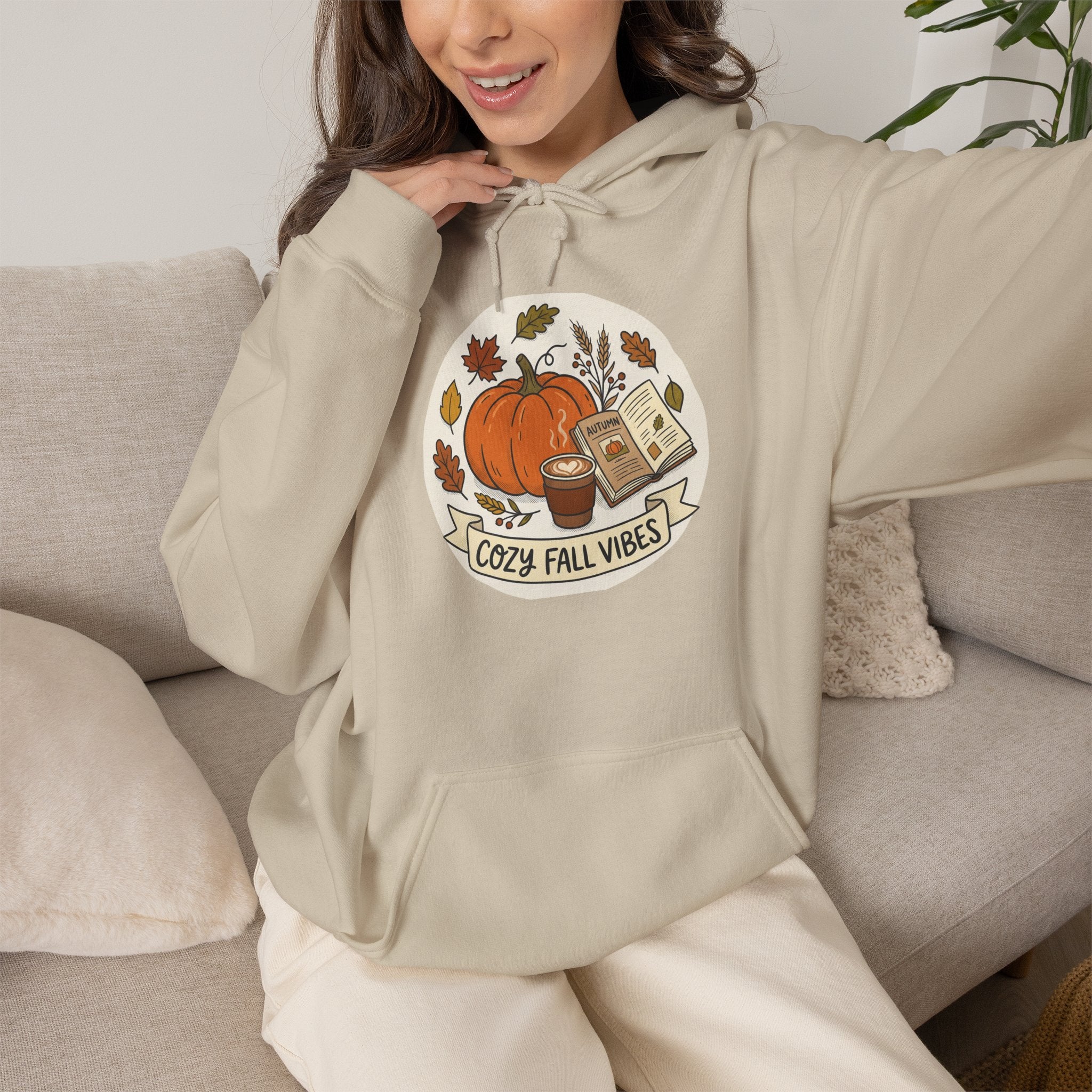Cozy Fall Vibes Hoodie — Pumpkin, Leaves & Latte Autumn Sweatshirt
