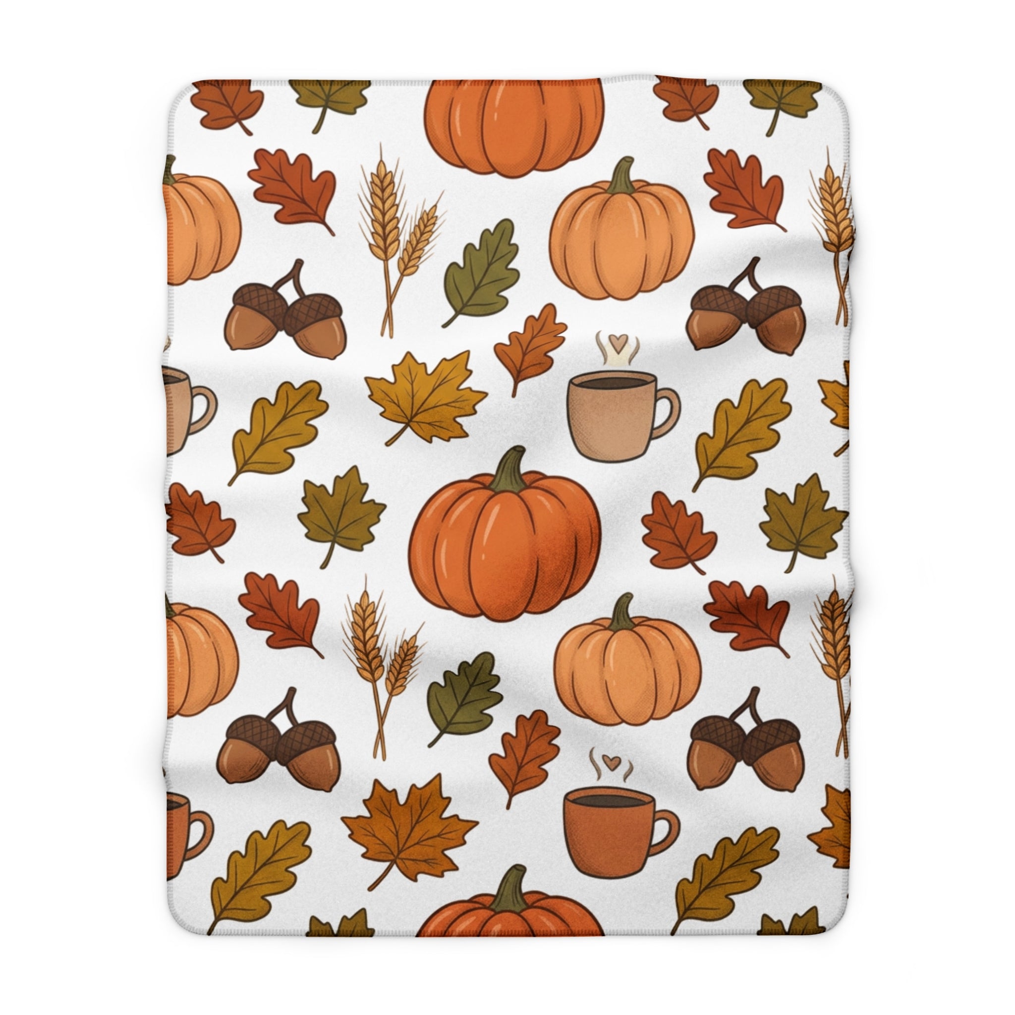 Autumn Pumpkins Leaves Coffee Pattern Sherpa Fleece Blanket