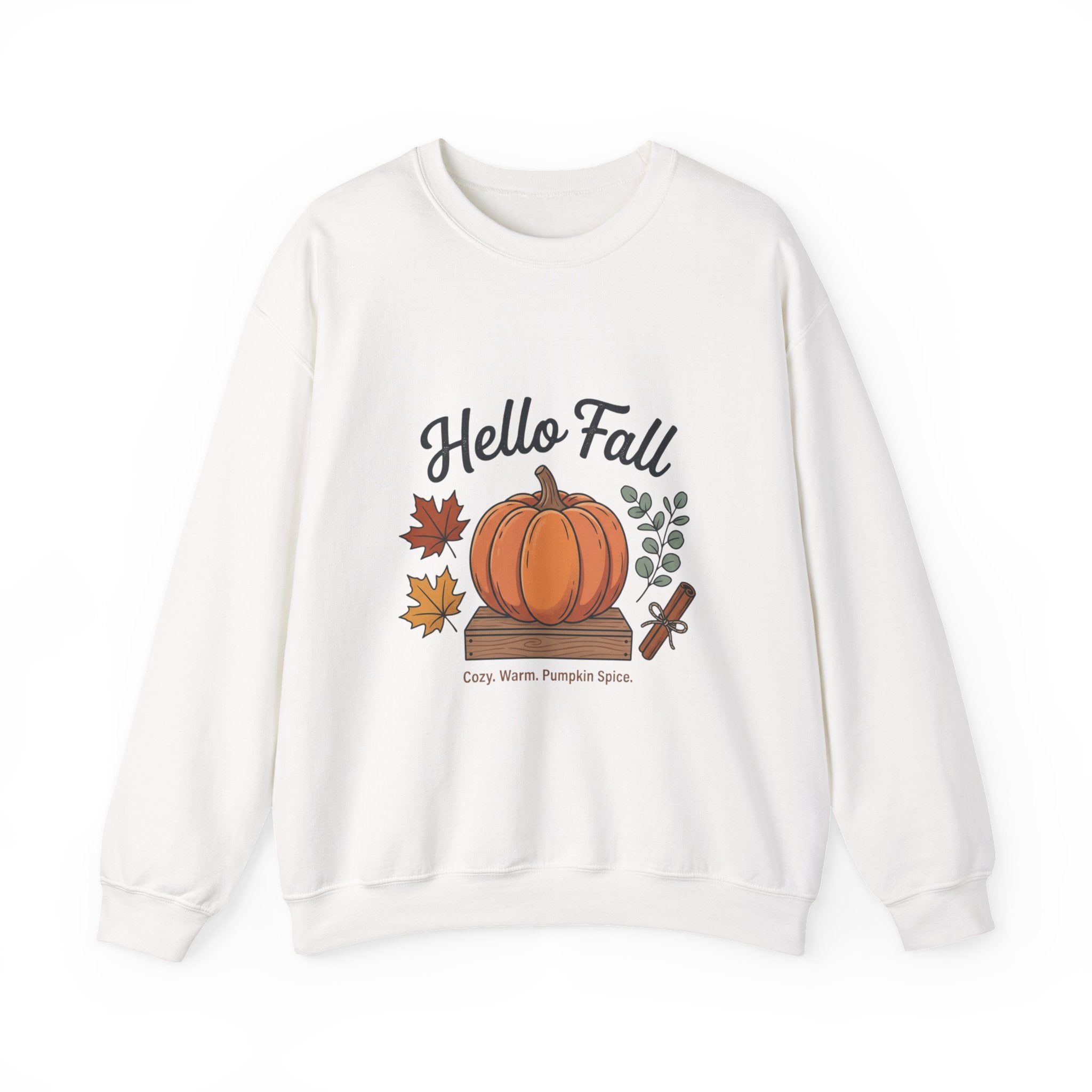 Hello Fall Pumpkin Design Sweatshirt | Autumn Leaves Cinnamon Sticks