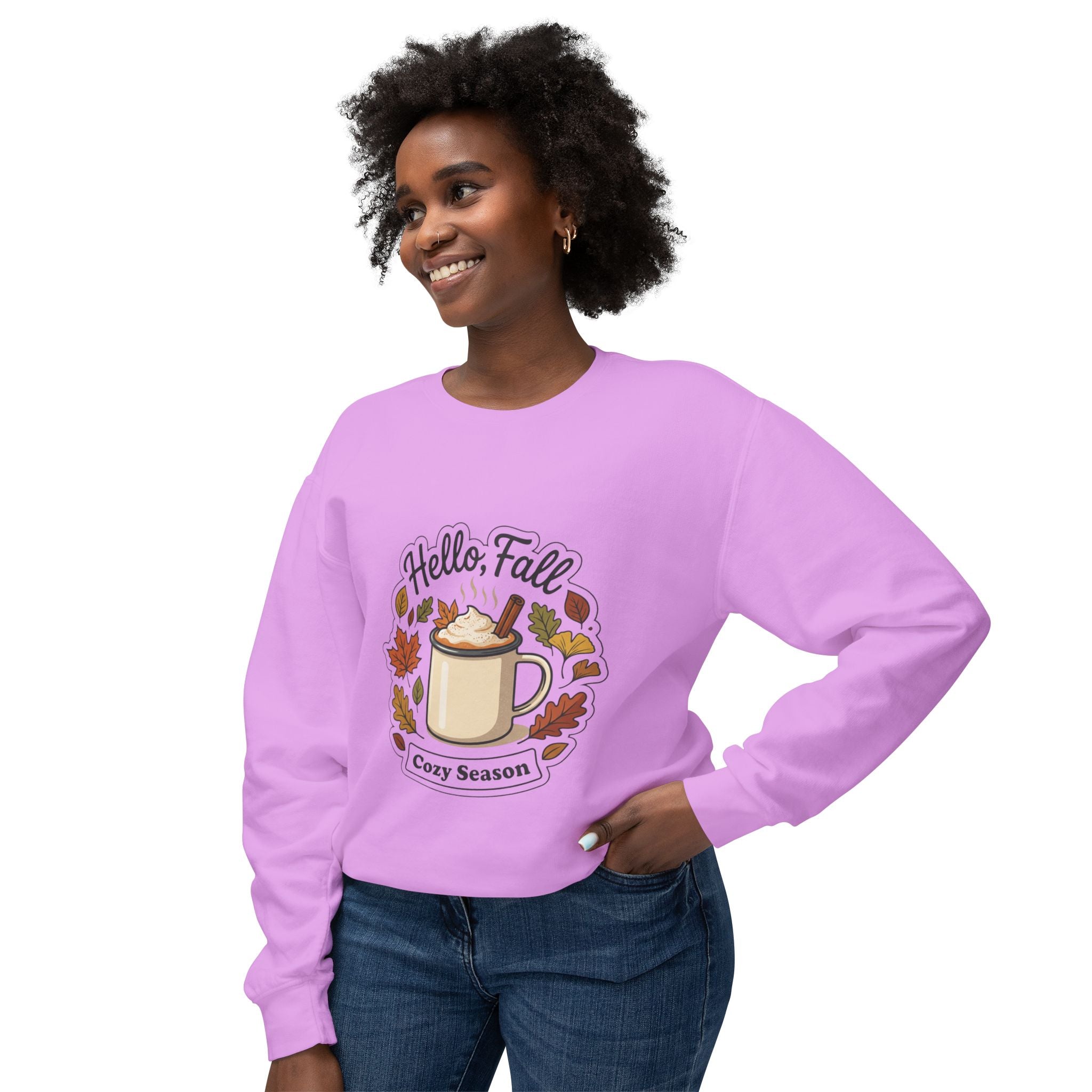 Hello Fall Cozy Season mug illustration Sweatshirt | Autumn leaves, pumpkin spice