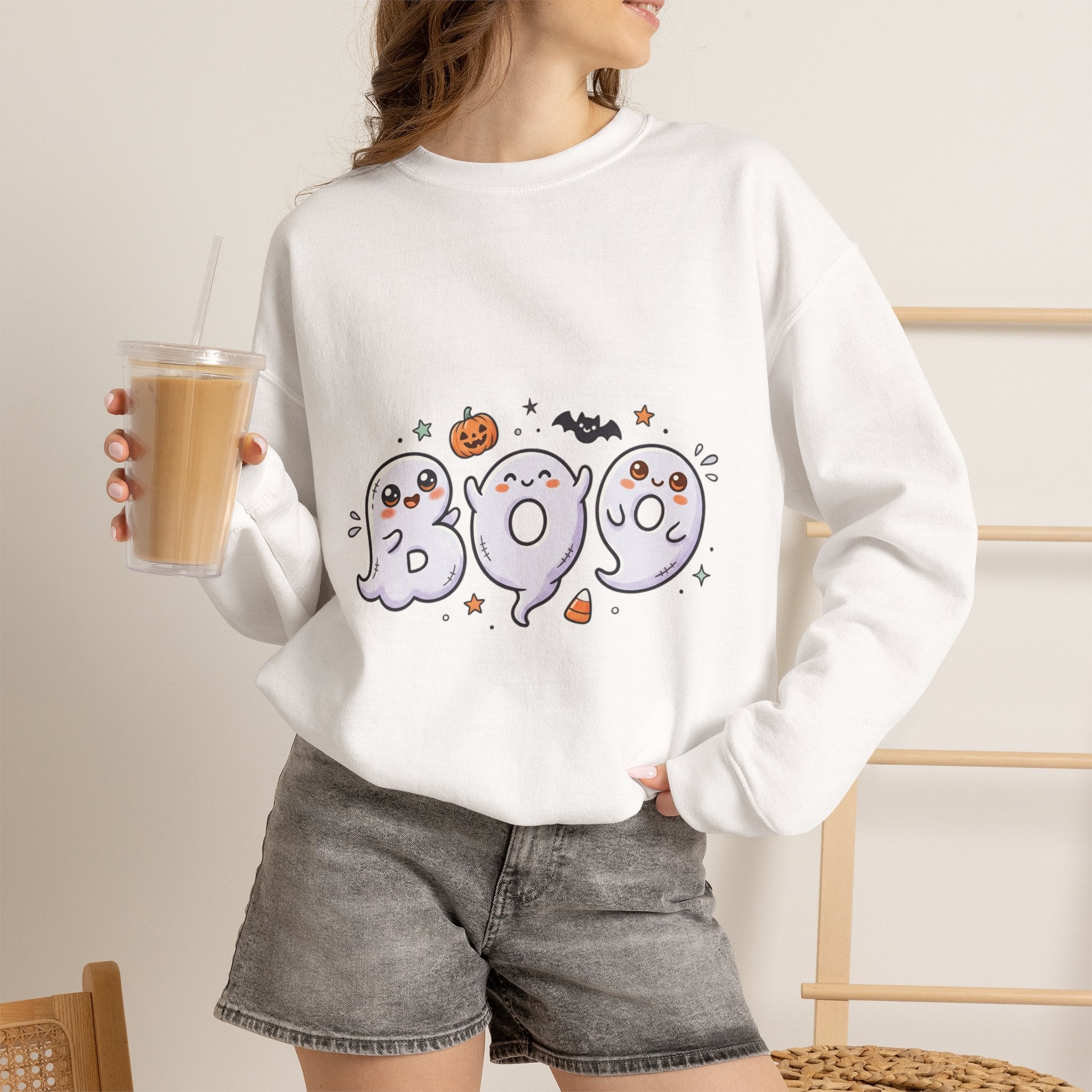 Cute 'BOO' Ghost Halloween Sweatshirt — Cute Spooky Crewneck for Fall