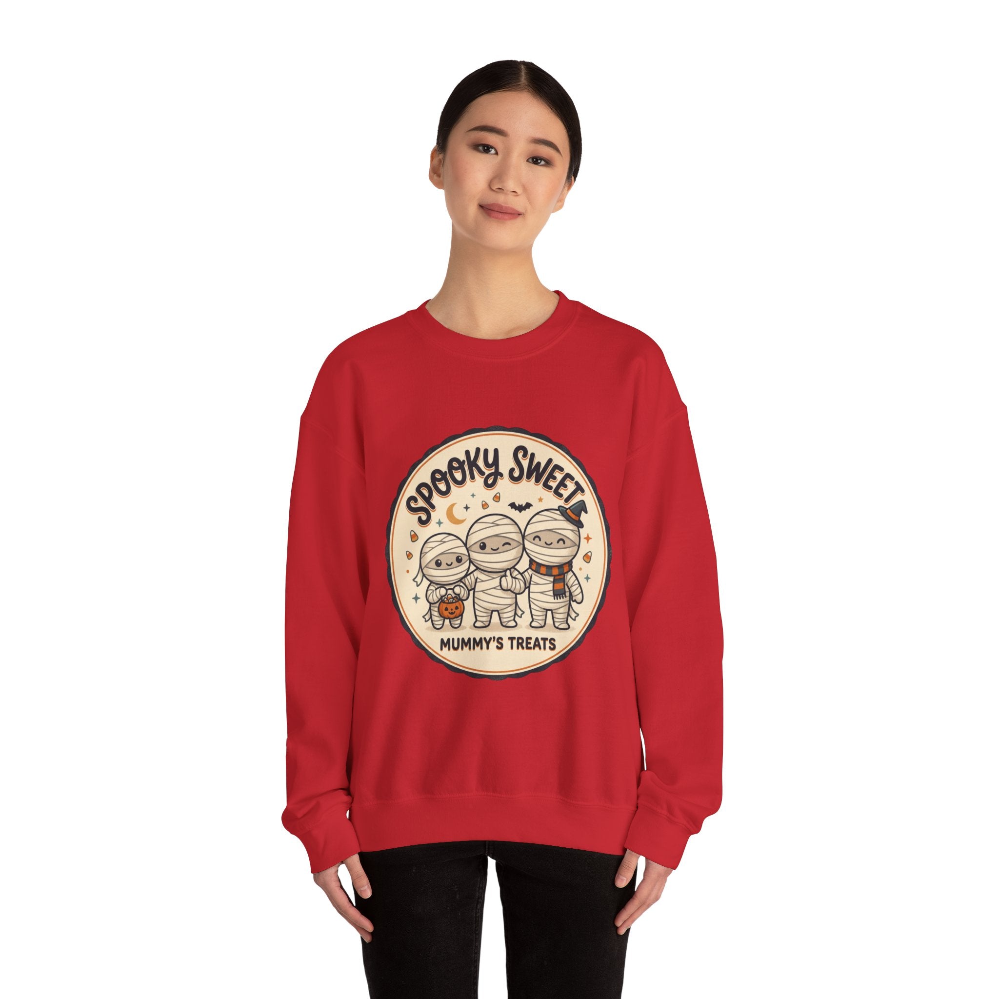 Halloween Sweatshirt — "Spooky Sweet Mummy's Treats" Cute Mummy Candy Crewneck