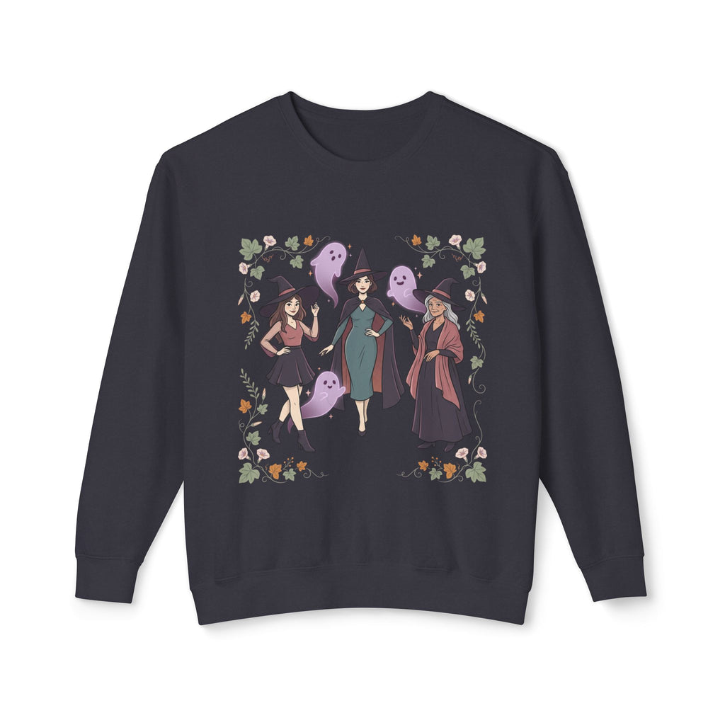 Three Witches with Ghosts Sweatshirt | Halloween Witch Trio, Autumn Leaves