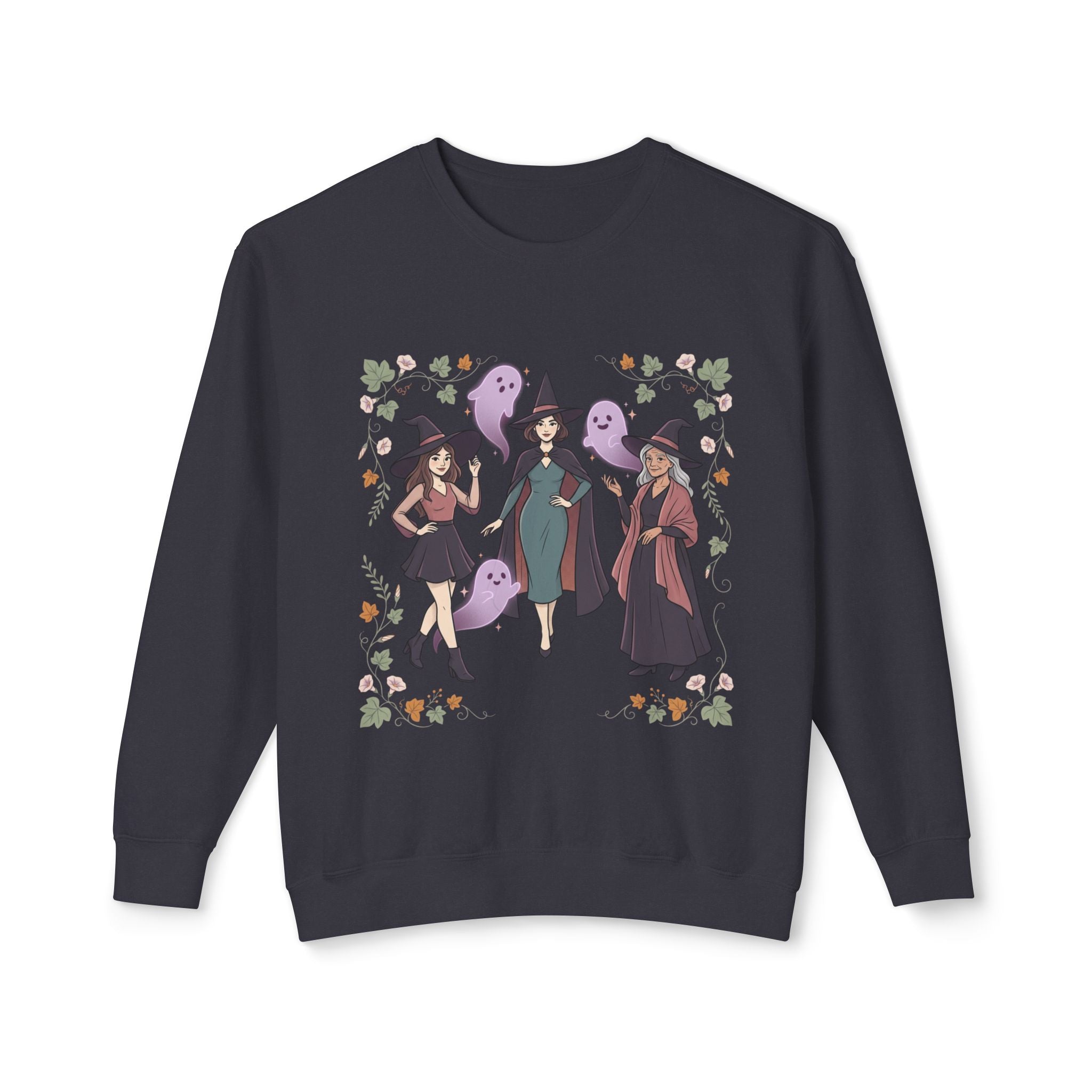 Three Witches with Ghosts Sweatshirt | Halloween Witch Trio, Autumn Leaves