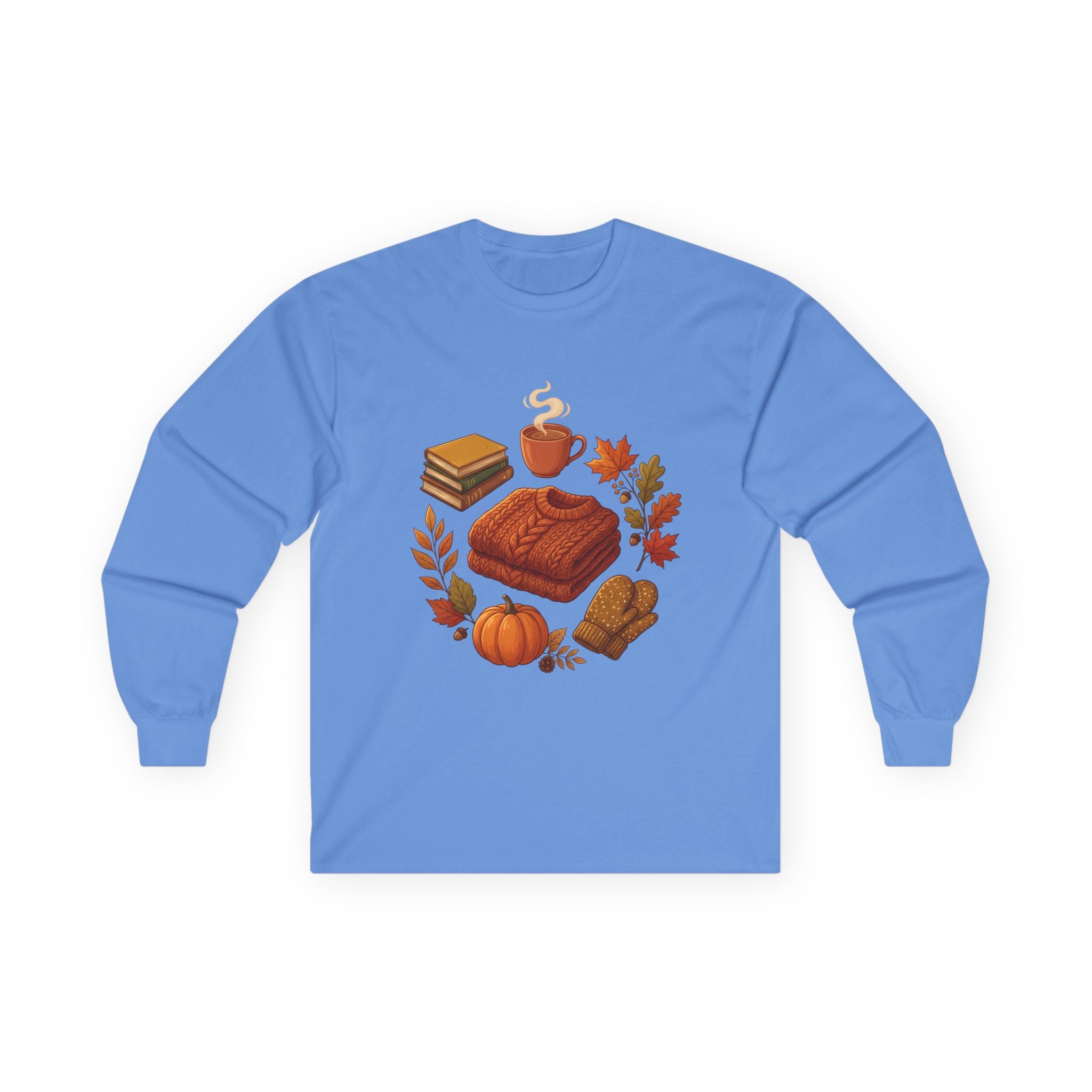 Autumn Cozy Comfort Long Sleeve Tee — Pumpkin, Sweater & Hot Drink Fall Design
